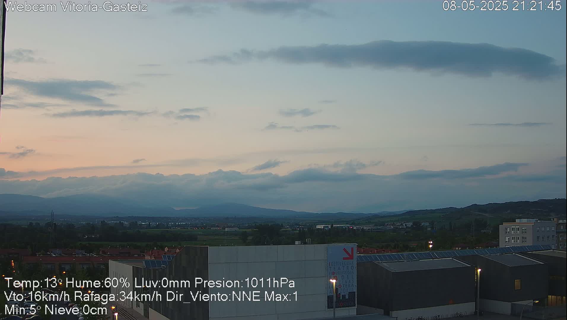 A partly cloudy evening scene overlooks a city with distant mountains under a pale sky.