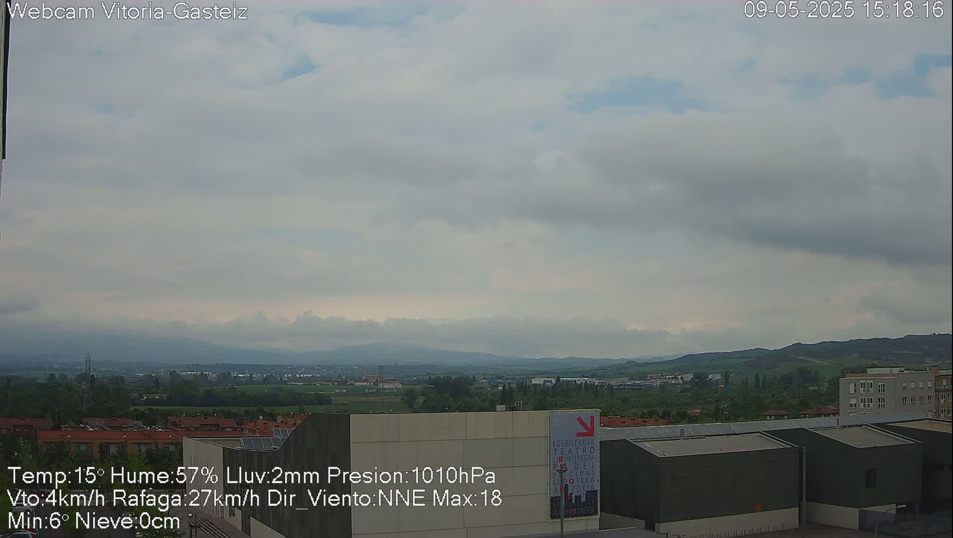A cloudy day with a view of a city and distant mountains, buildings and some green spaces are visible.