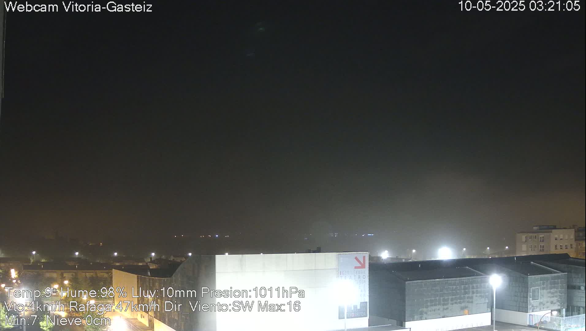 A nighttime view of a city under a hazy, dark sky.