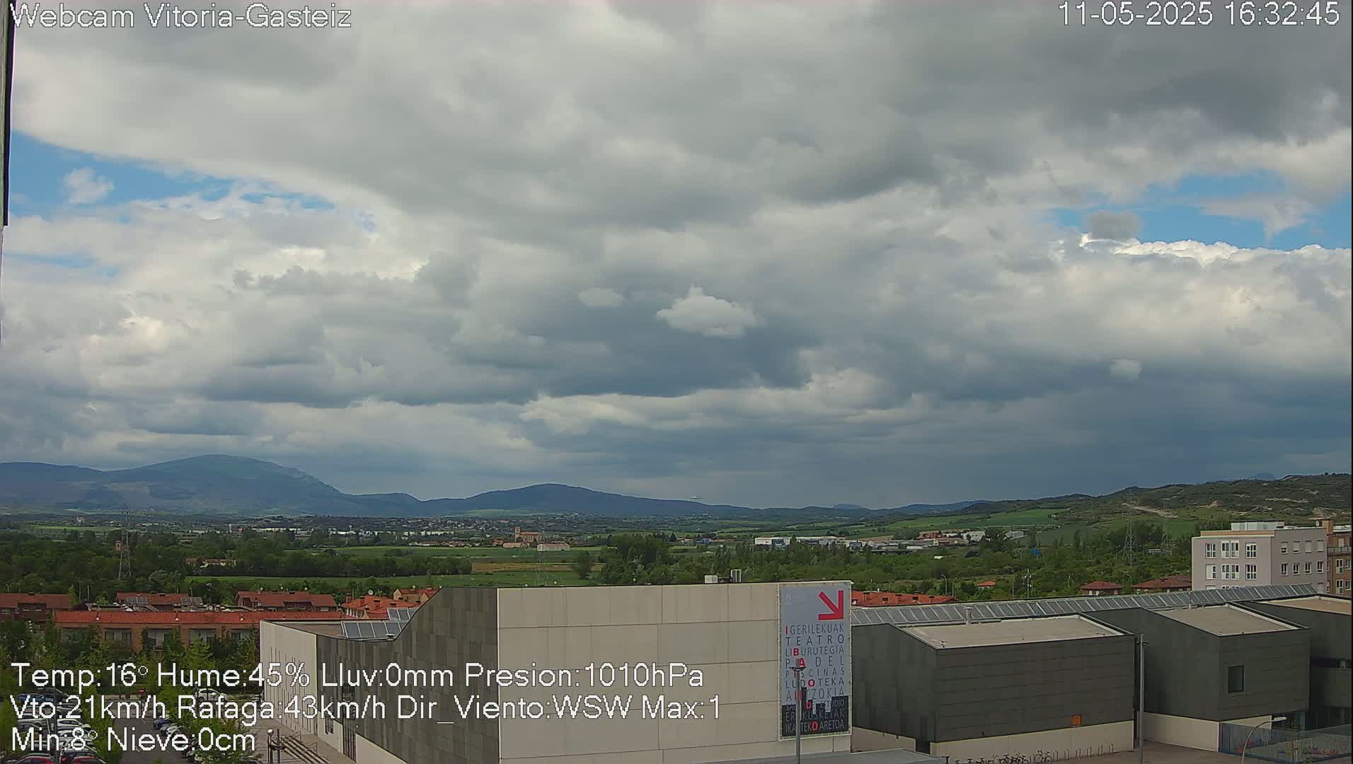 A partly cloudy sky overlooks a flat landscape of buildings and green fields, backed by distant mountains.