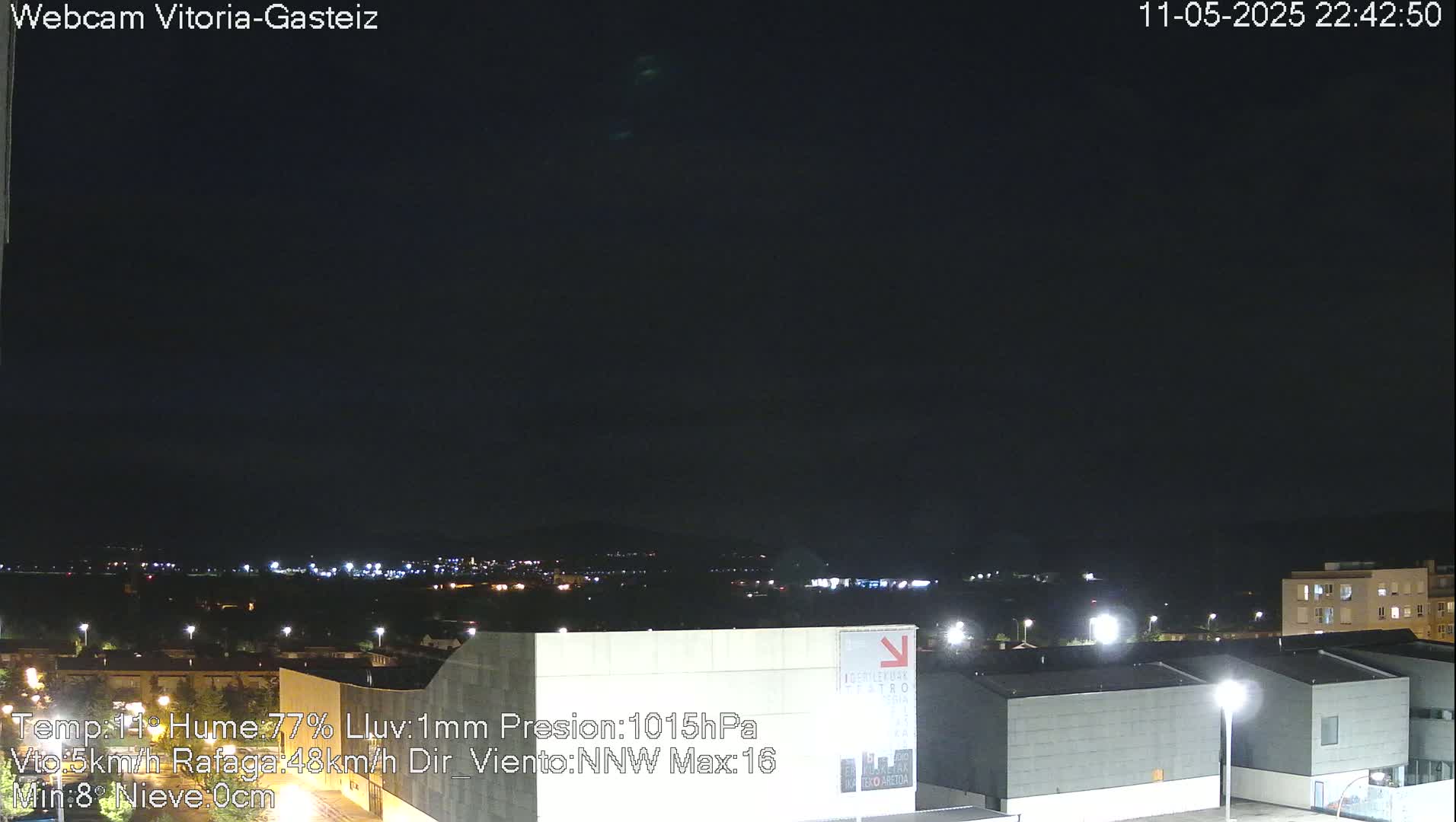 A nighttime view of a city illuminated by streetlights under a clear, dark sky.