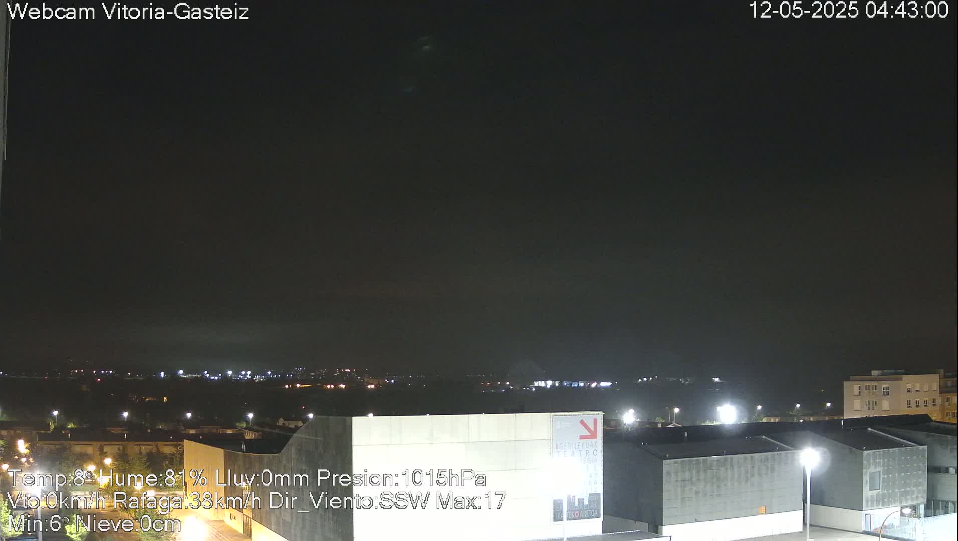 A nighttime, overcast view of a city, with some distant lights visible.