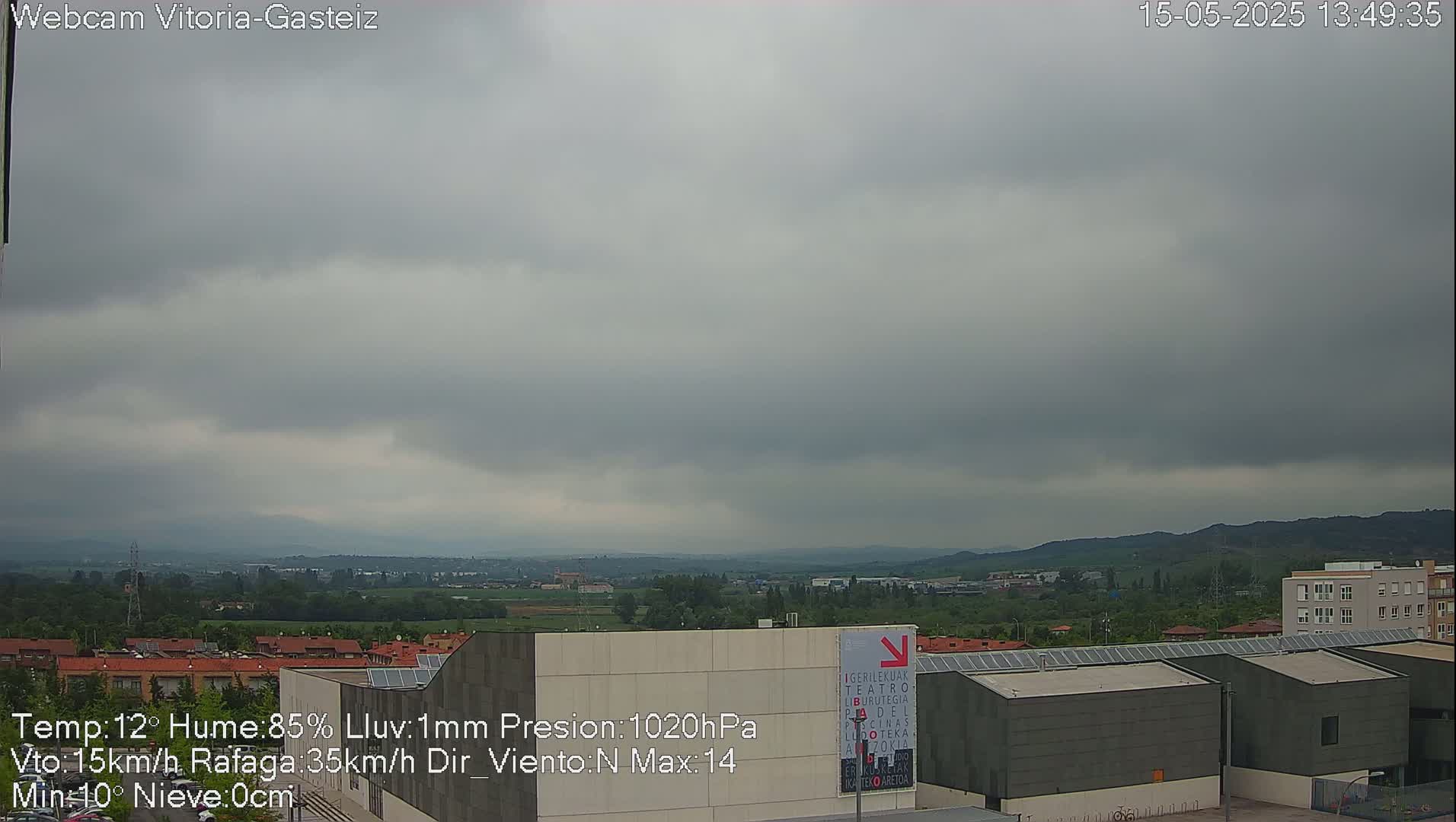 A cloudy, overcast sky hangs over a cityscape featuring low-rise buildings and distant hills.