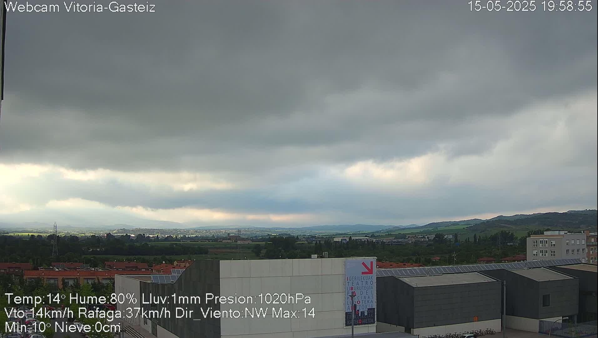 A mostly cloudy, overcast sky hangs over a landscape of low hills, buildings, and flat land, with some hints of sun breaking through the clouds.