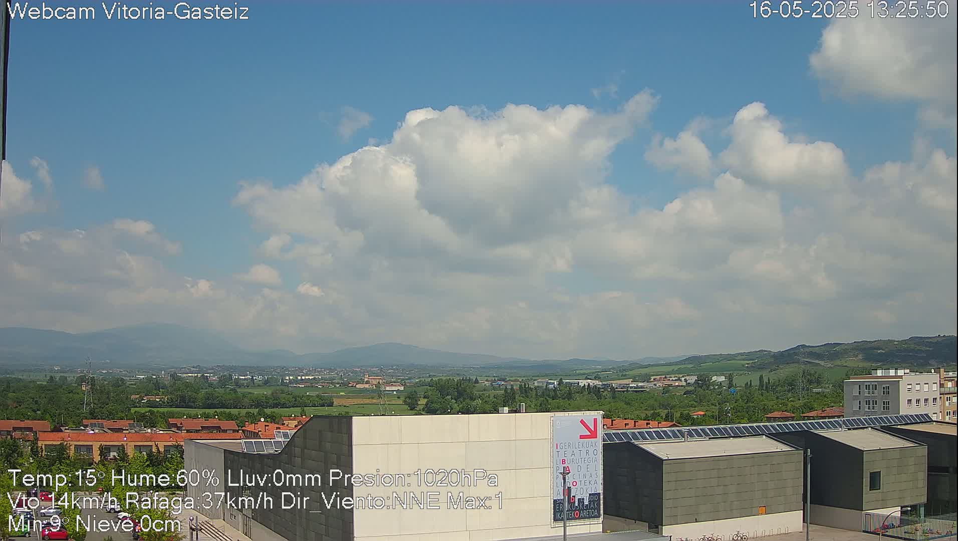 A partly cloudy sky overlooks a landscape of buildings, green spaces, and distant mountains.