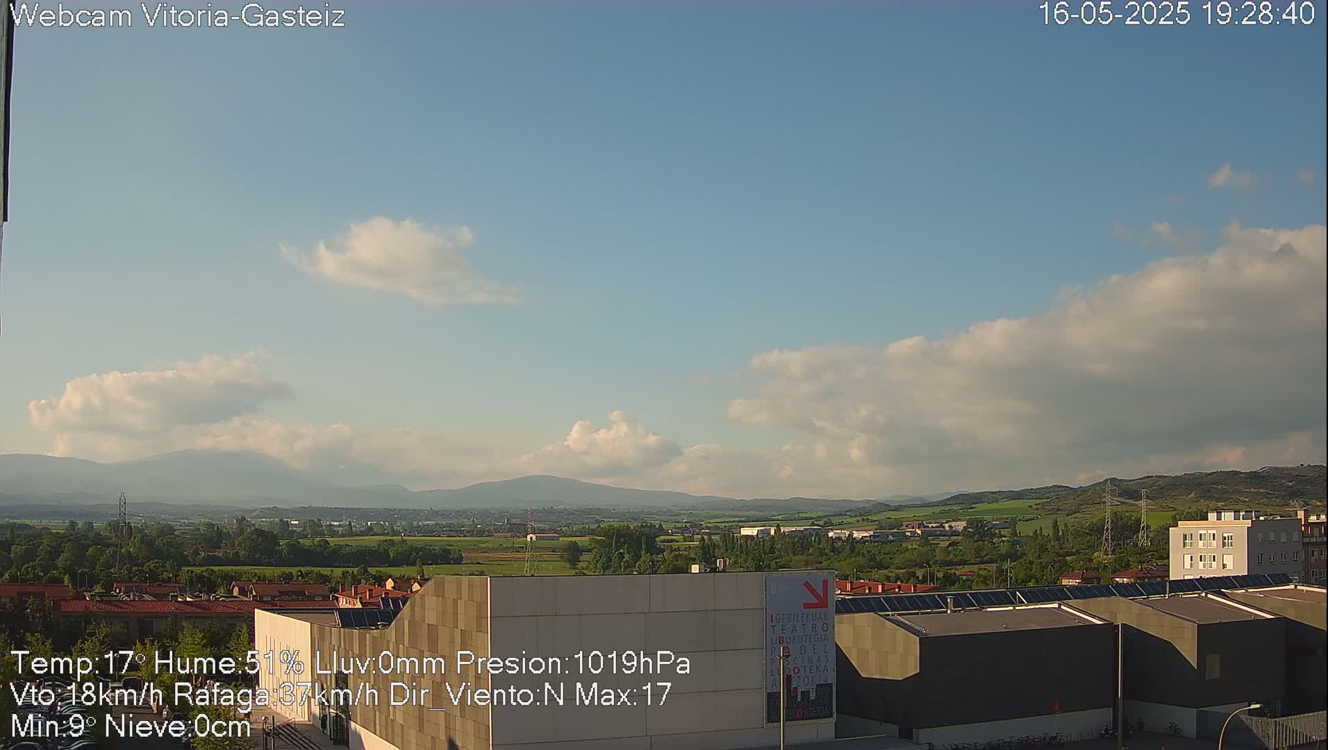 A partly cloudy daytime view of a city with mountains in the distance.