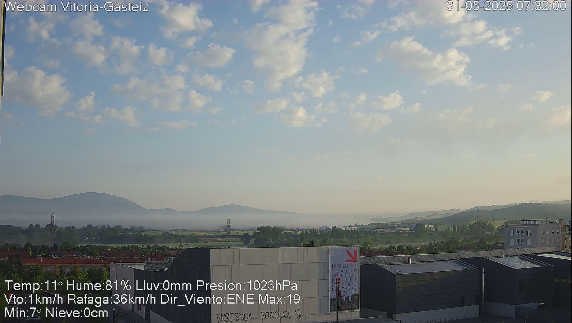 A partly cloudy sky over a misty valley and town, with buildings and low-lying fog visible in the distance.