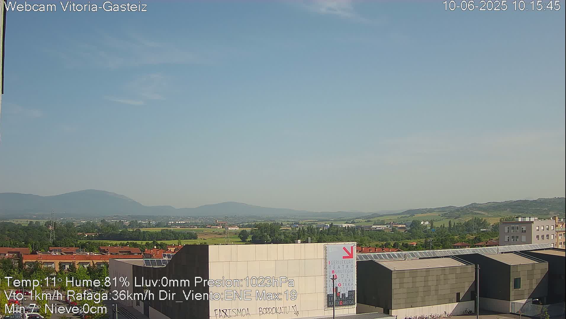 A long shot of a city and distant mountains under a mostly clear, light-blue sky.