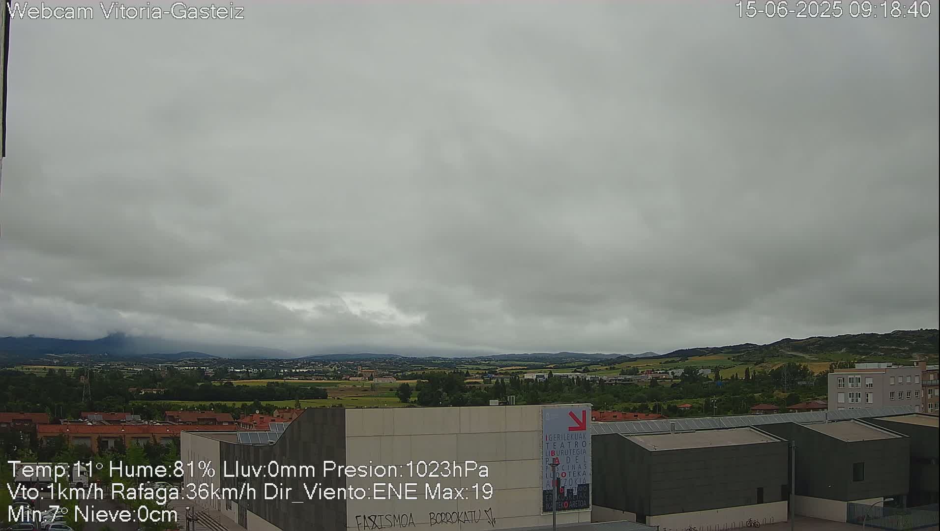 A long shot of a town under an overcast sky shows flat, low-lying buildings and distant hills.