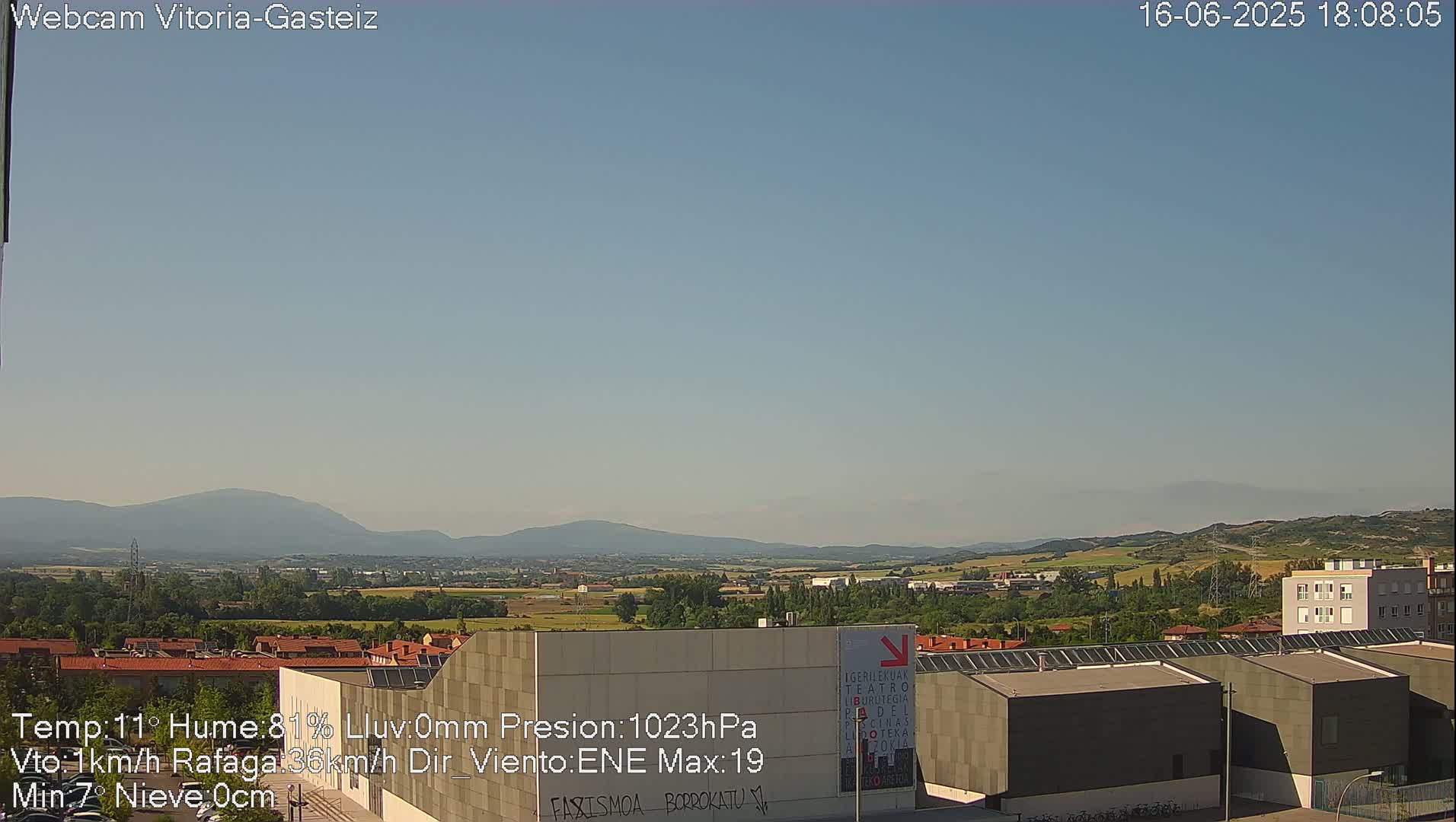 A clear, sunny view of a suburban area with mountains in the distance.