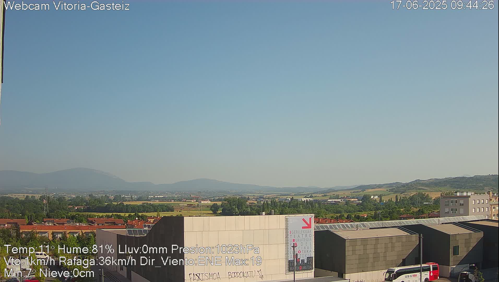 A clear, sunny day reveals a sprawling landscape of suburban buildings, green fields, and distant mountains.