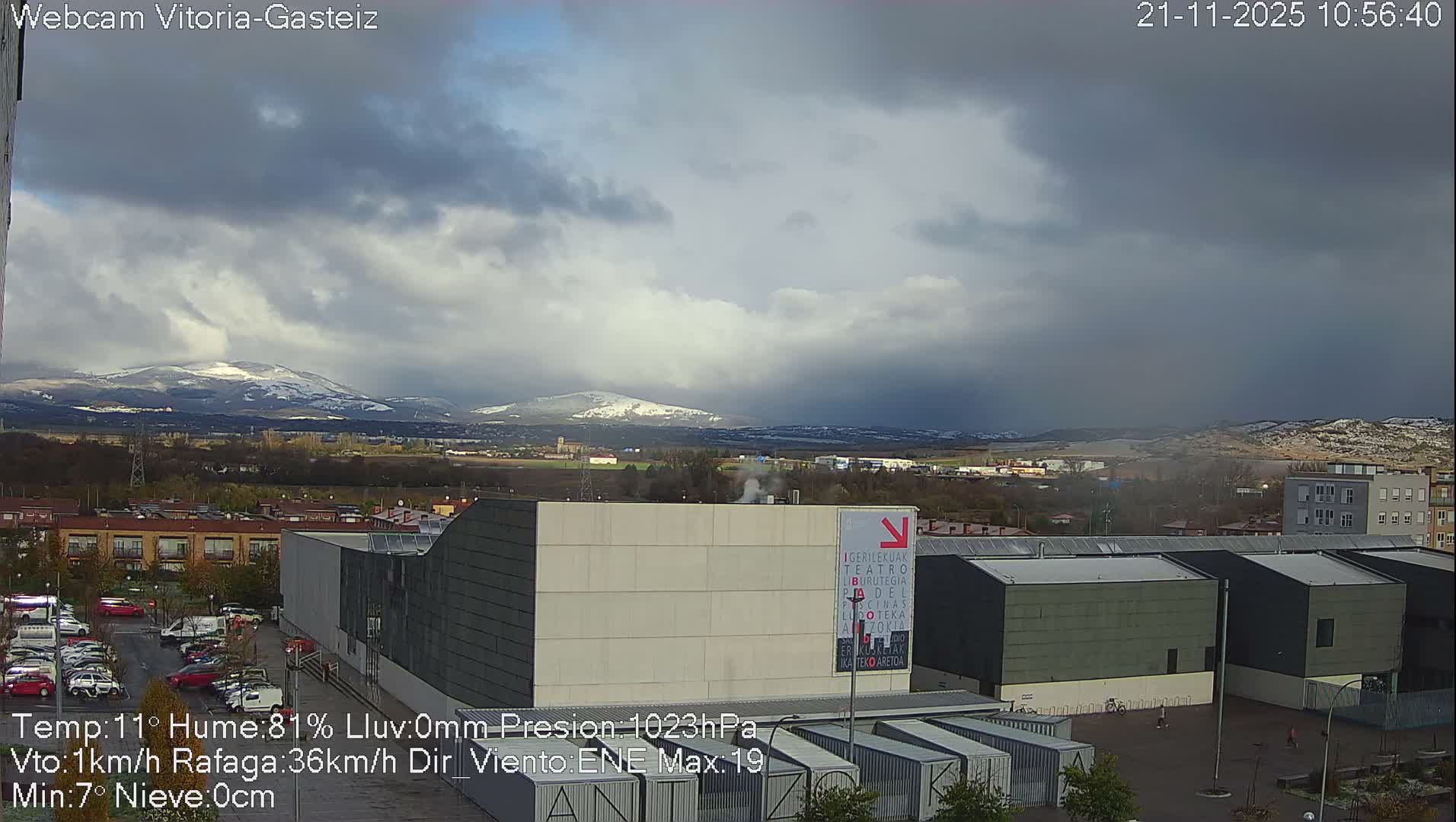 A city view captures modern buildings and a parking lot in the foreground, with residential areas and fields leading to distant snow-capped mountains beneath a heavily clouded and dramatic sky.