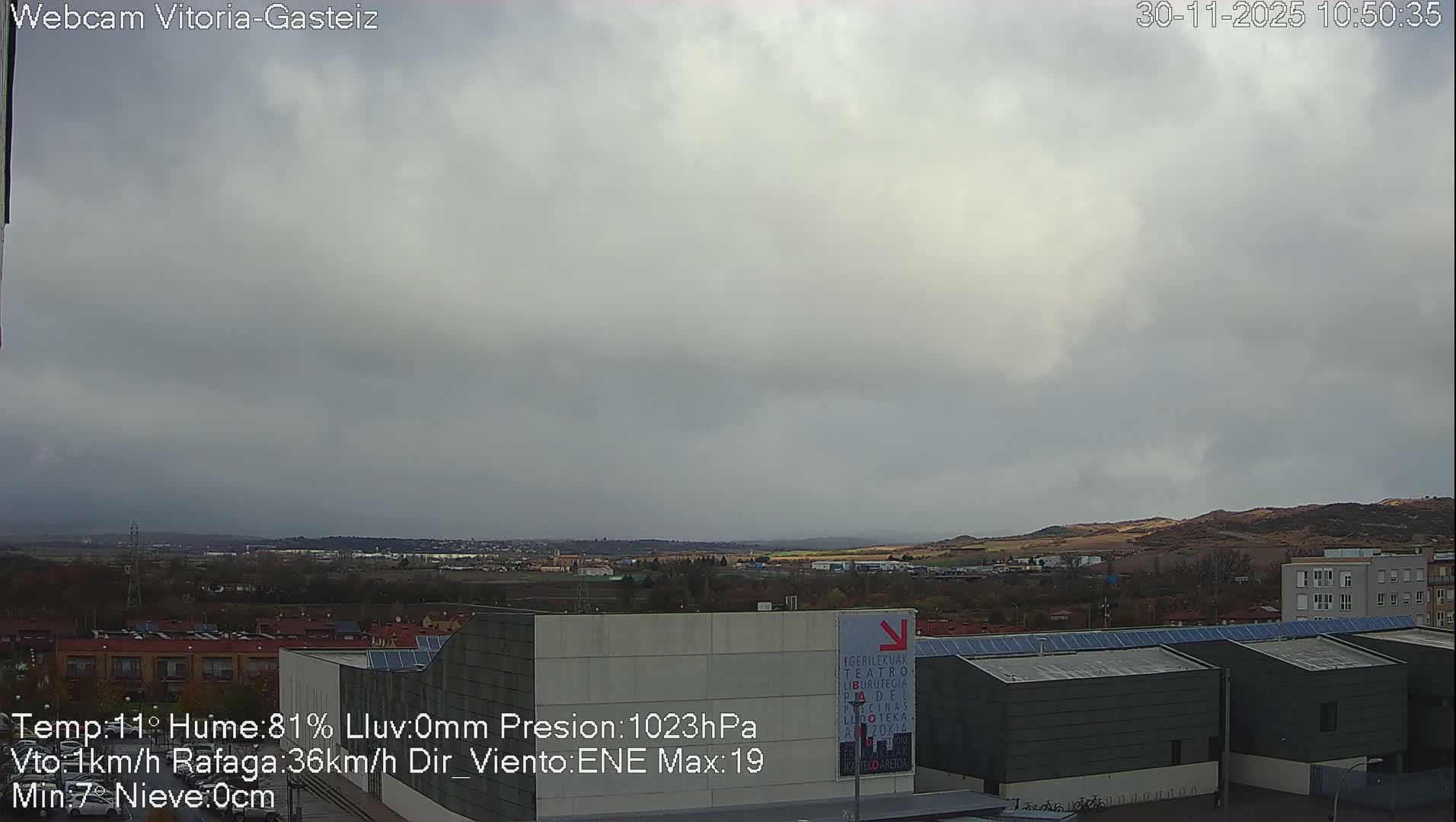 The image displays an overcast, cloudy day over a town with various buildings and green and brown vegetation in the midground, backed by rolling hills under a grey sky.