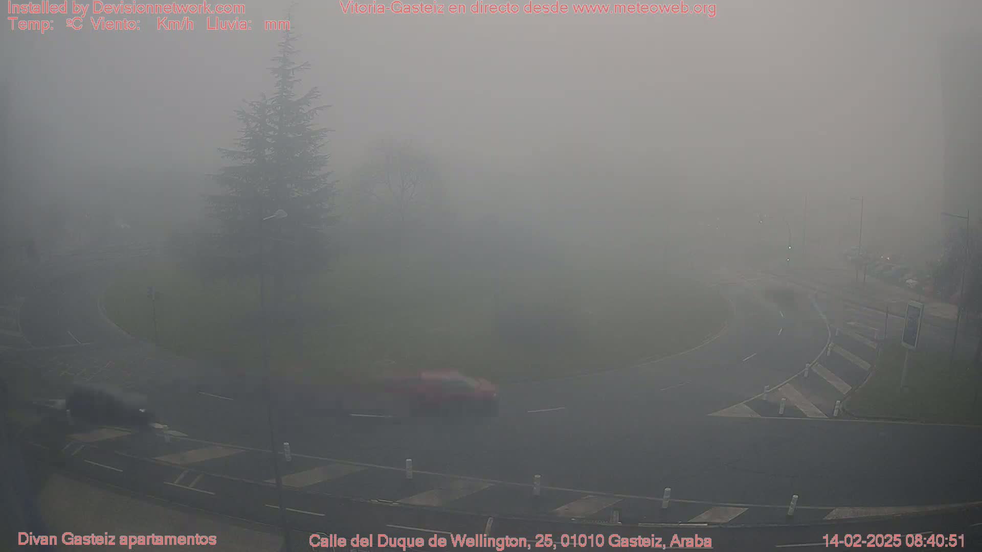 A foggy roundabout with a few vehicles visible, surrounded by muted greenery.