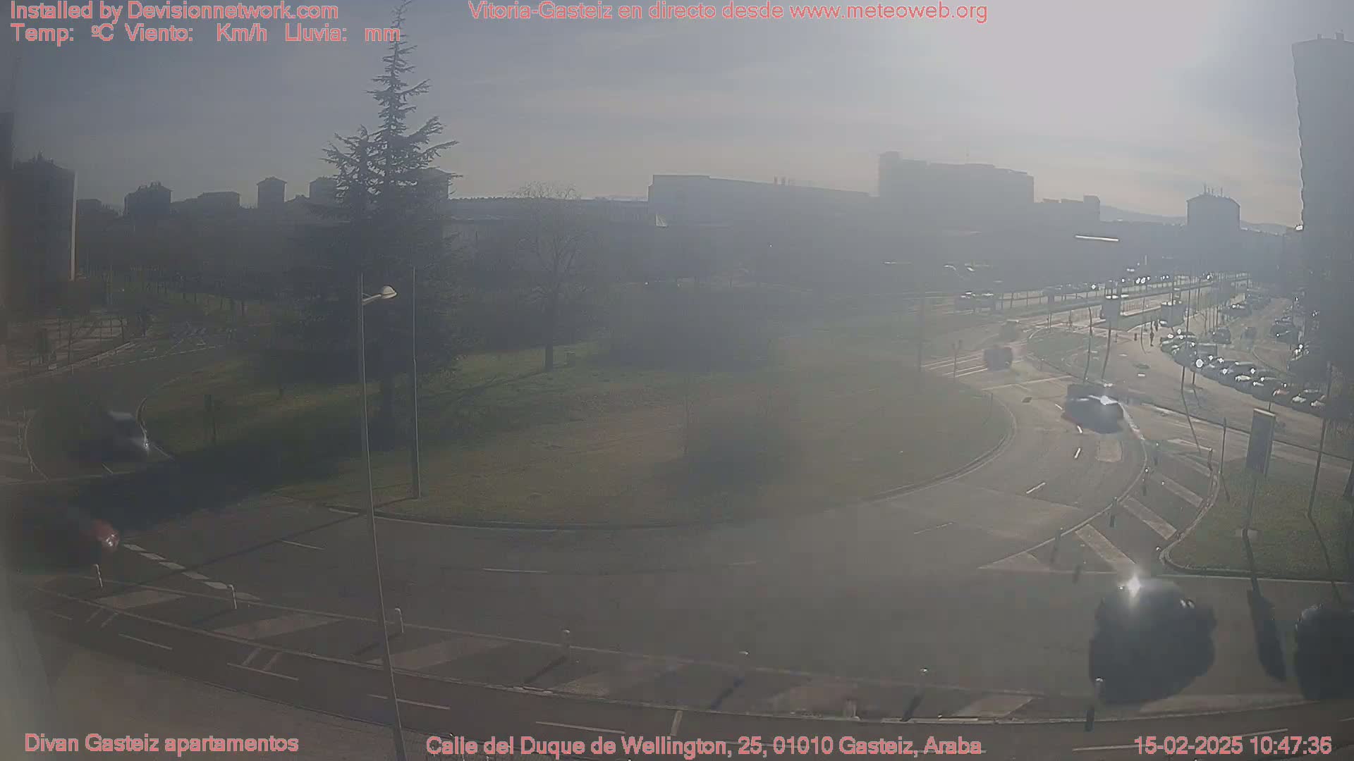 A hazy, sunny day reveals a roundabout and road with several cars, buildings in the distance, and a large evergreen tree in a grassy area.
