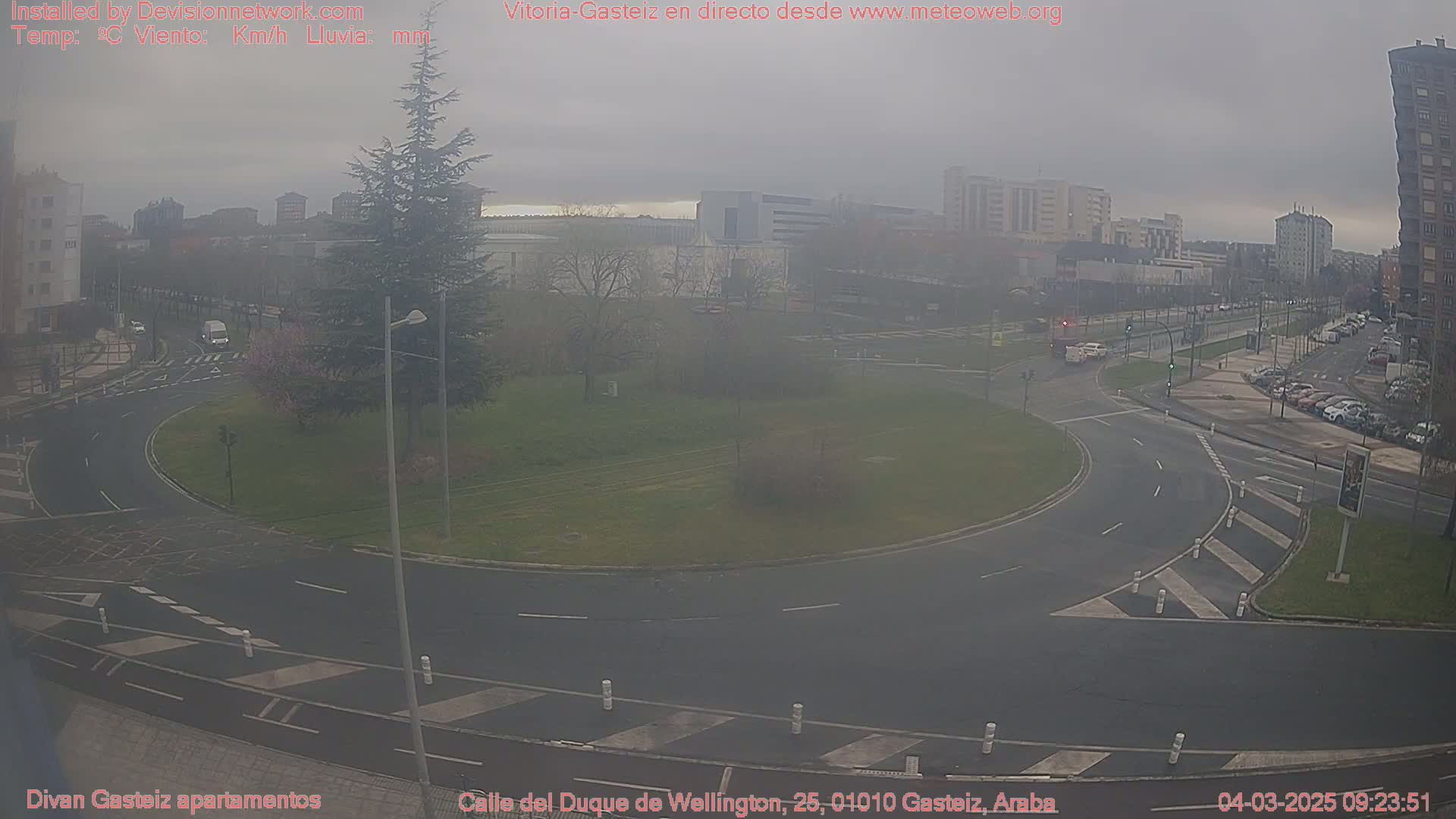 A hazy, overcast day reveals a roundabout surrounded by a grassy area, buildings, and parked cars.