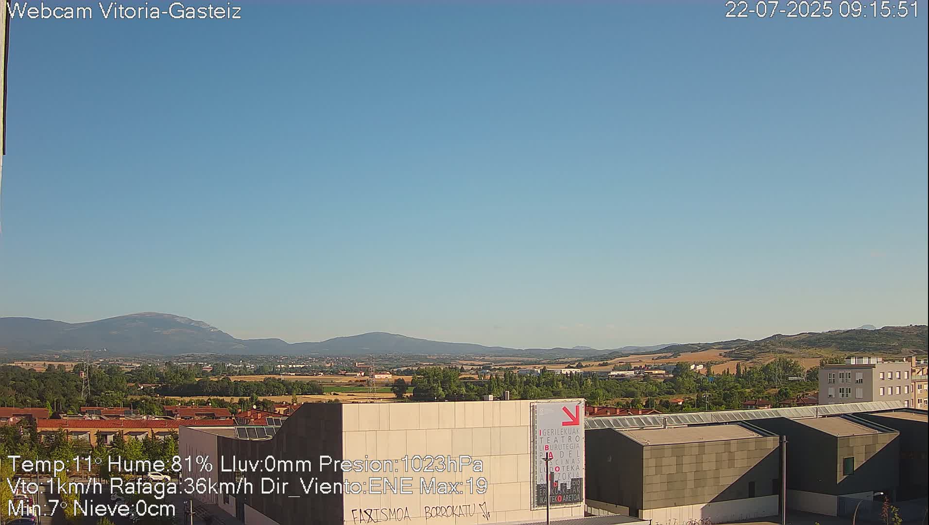 A clear blue sky overlooks a suburban area with low-lying buildings and distant mountains under a sunny sky.
