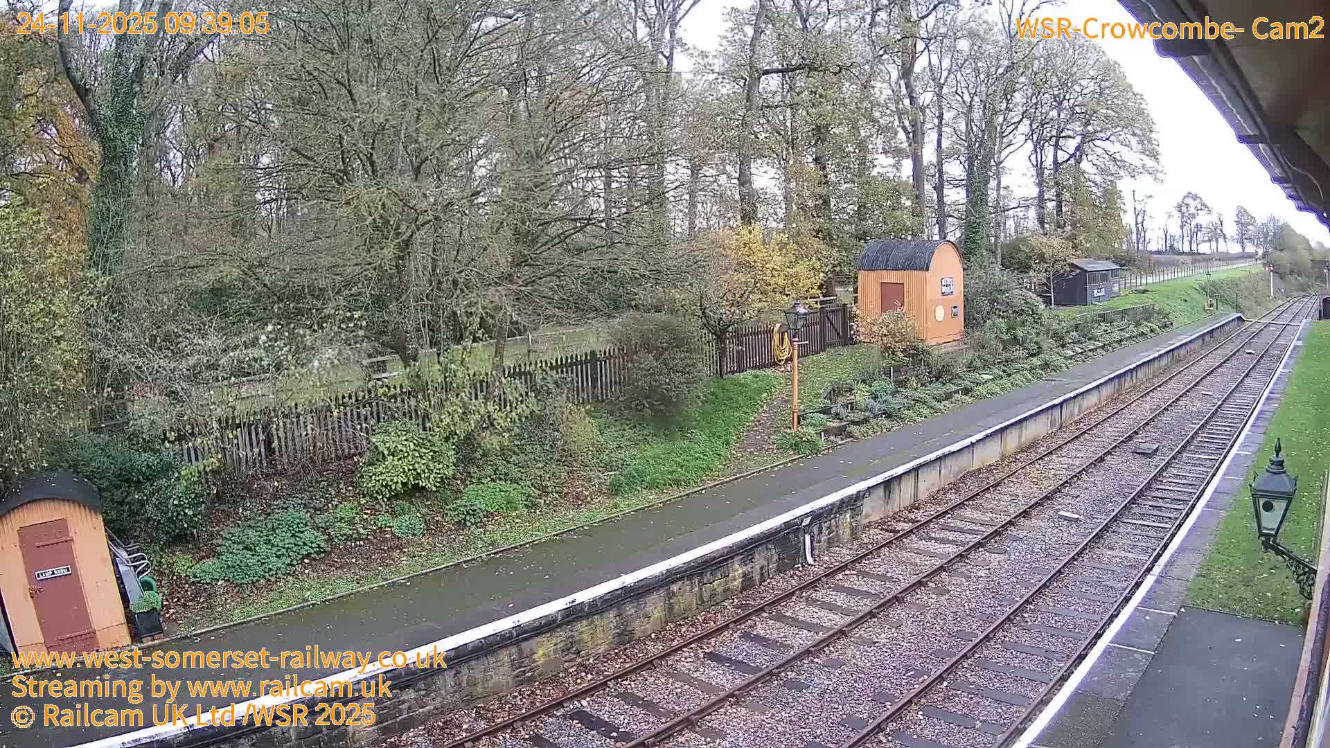 A quiet rural train station, featuring multiple tracks, platforms, small buildings, and a backdrop of trees, is seen under an overcast and damp sky.
