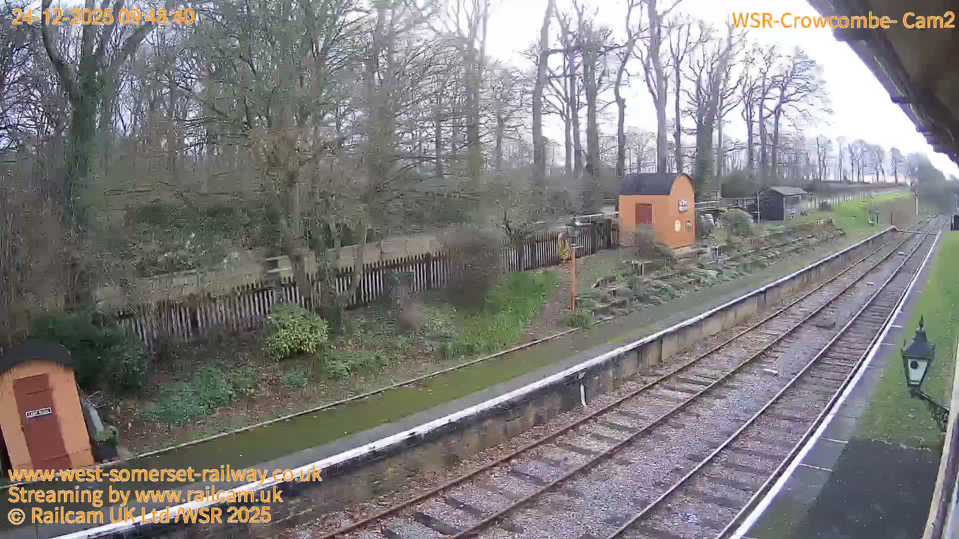 A damp and overcast day reveals a quiet rural railway station with multiple wet tracks, two platforms, small utility buildings, and a backdrop of mostly bare trees and sparse autumn foliage.