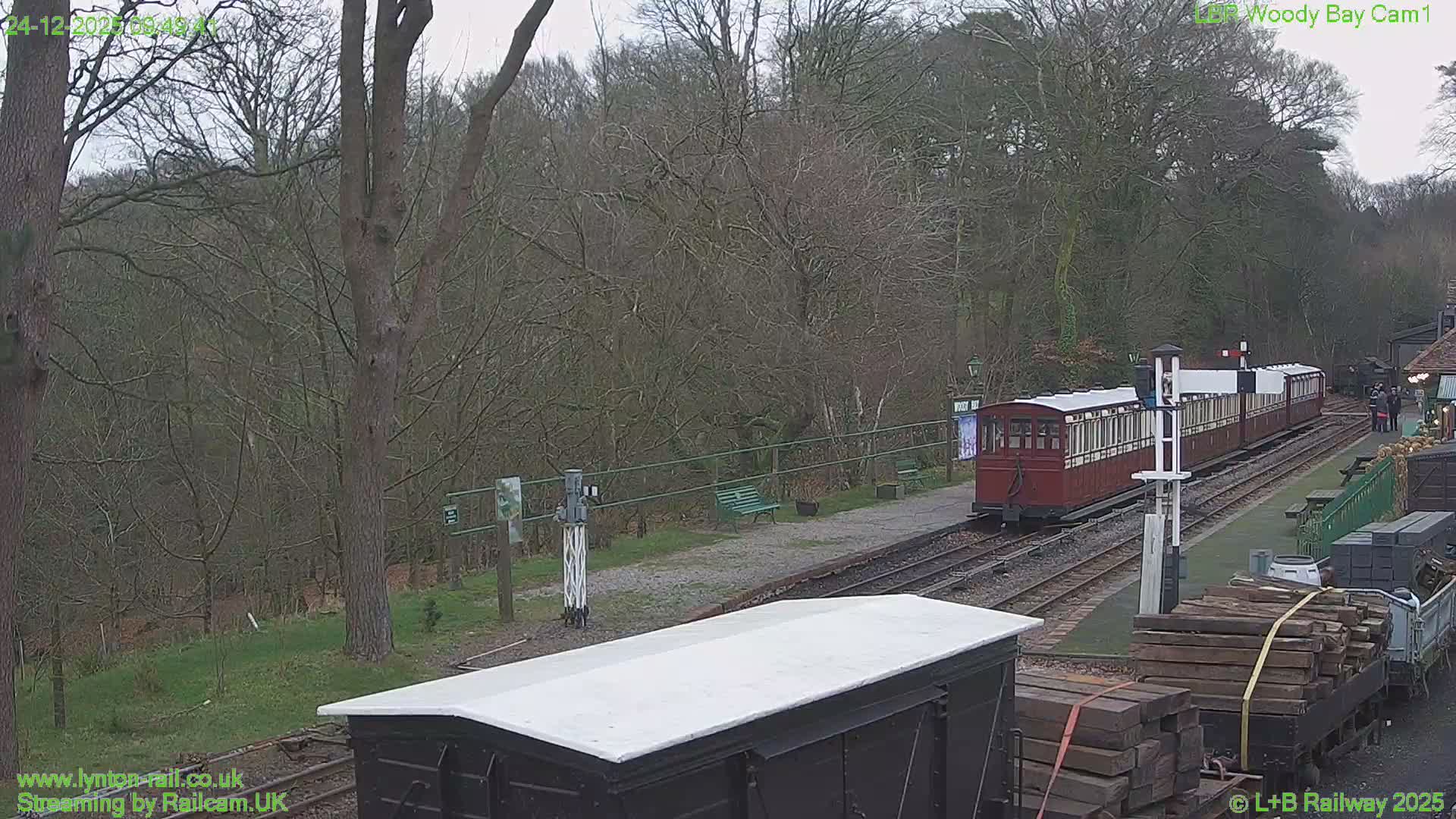 On an overcast day, a red and cream train rests at a scenic railway station with multiple tracks, surrounded by a dense, leafless forest and various railway sidings.