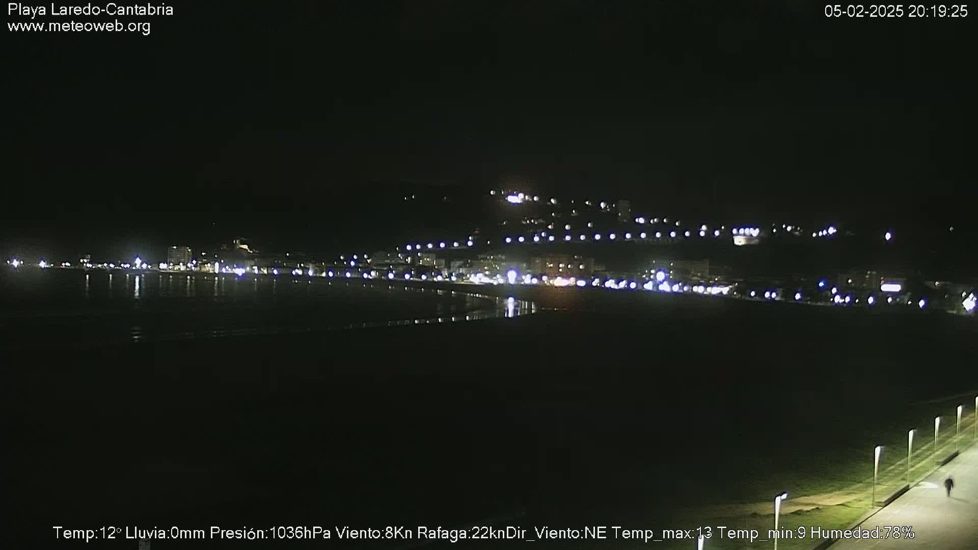 A nighttime long shot of a dimly lit beach town, under a dark, clear sky.