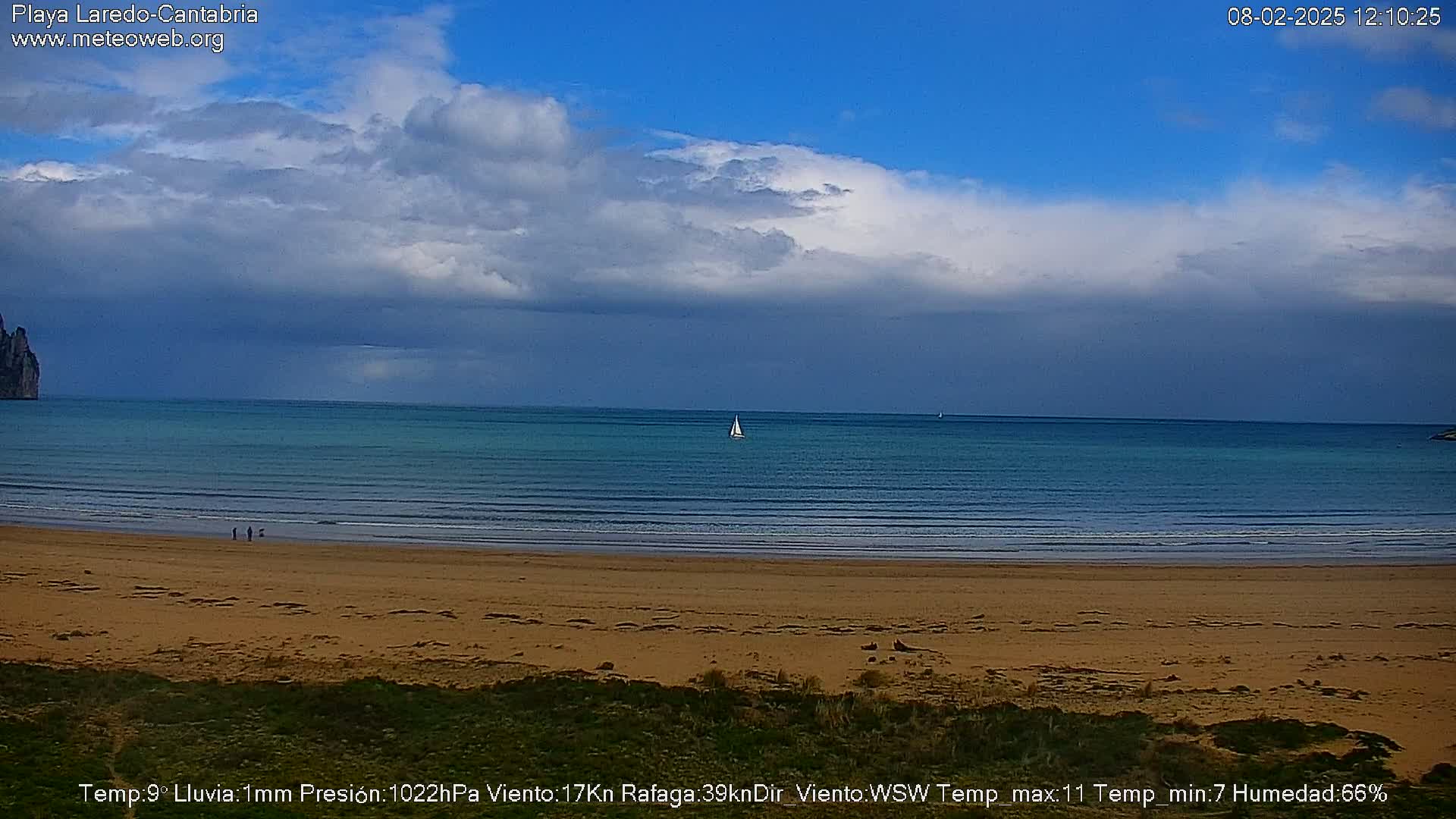 A sandy beach stretches to a calm ocean under a partly cloudy sky, with a sailboat visible on the water and a few people walking on the shore.
