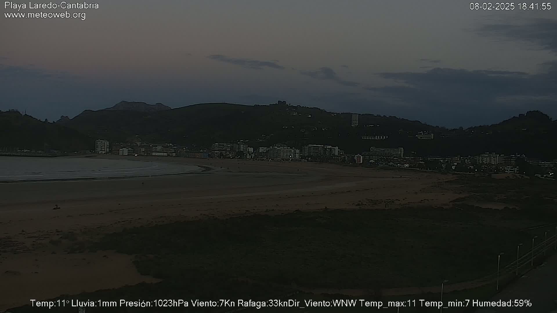 A dark, overcast evening scene shows a beach with a town and hills in the background.