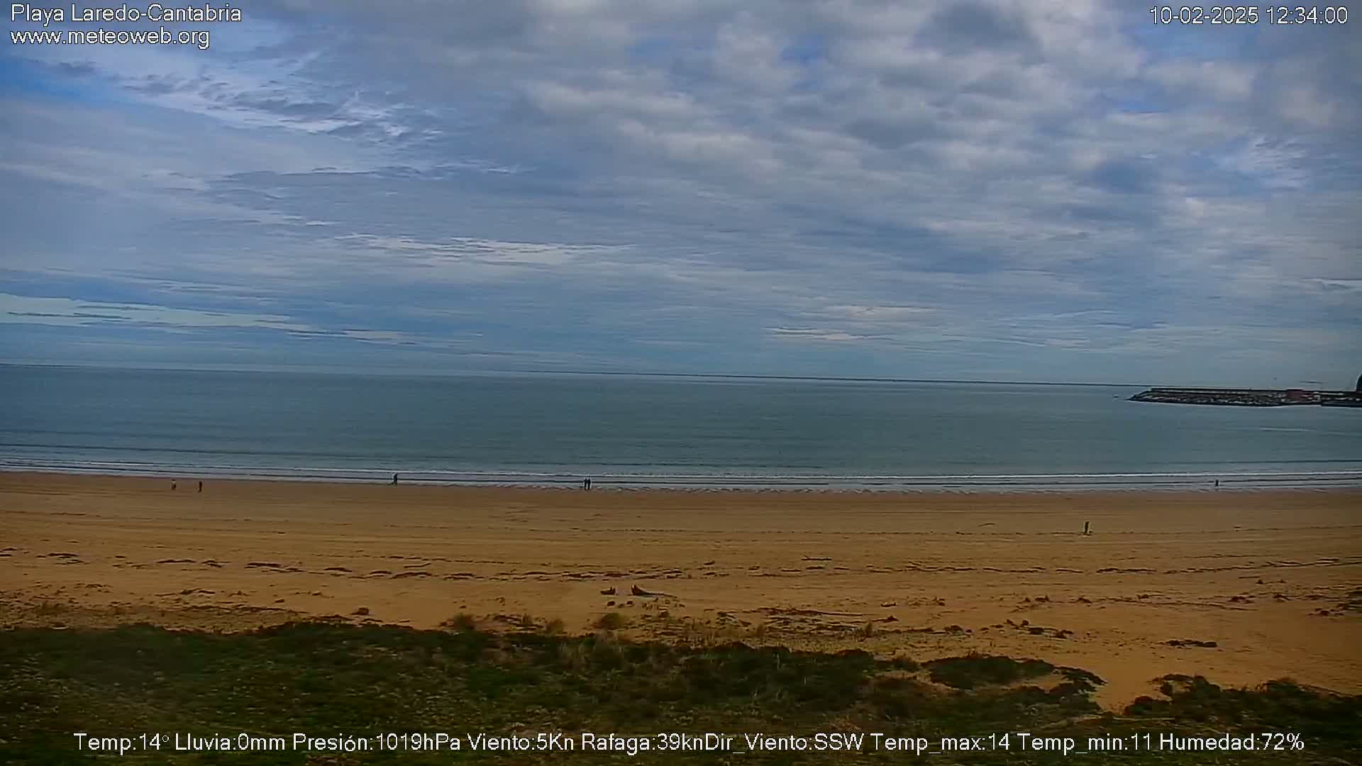 A mostly cloudy sky hangs over a wide, sandy beach and calm ocean, with a few people visible on the sand.