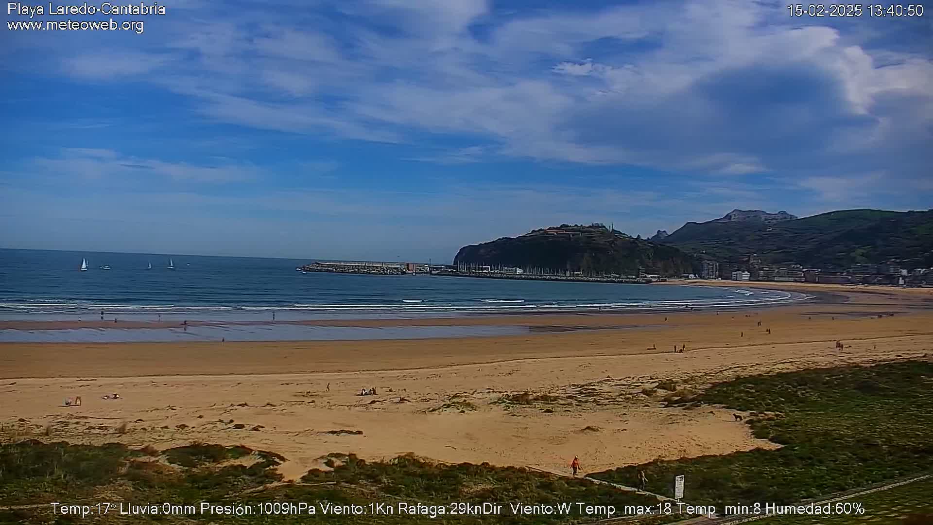 A sandy beach with a few people on it stretches out to a calm ocean under a partly cloudy blue sky.