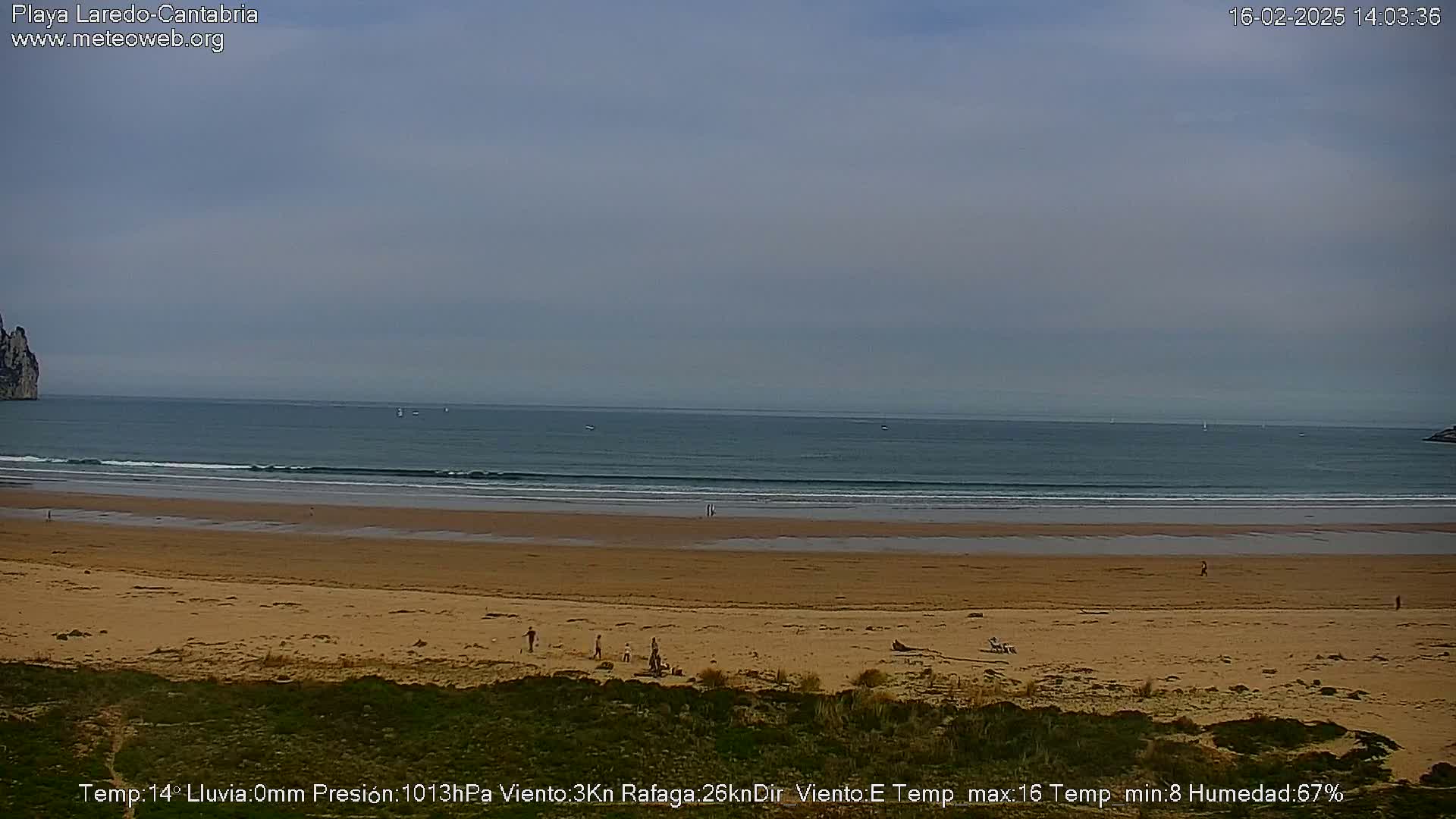 A mostly cloudy day shows a wide sandy beach with several people on it, gentle waves lapping the shore, and a calm ocean stretching to a distant headland.