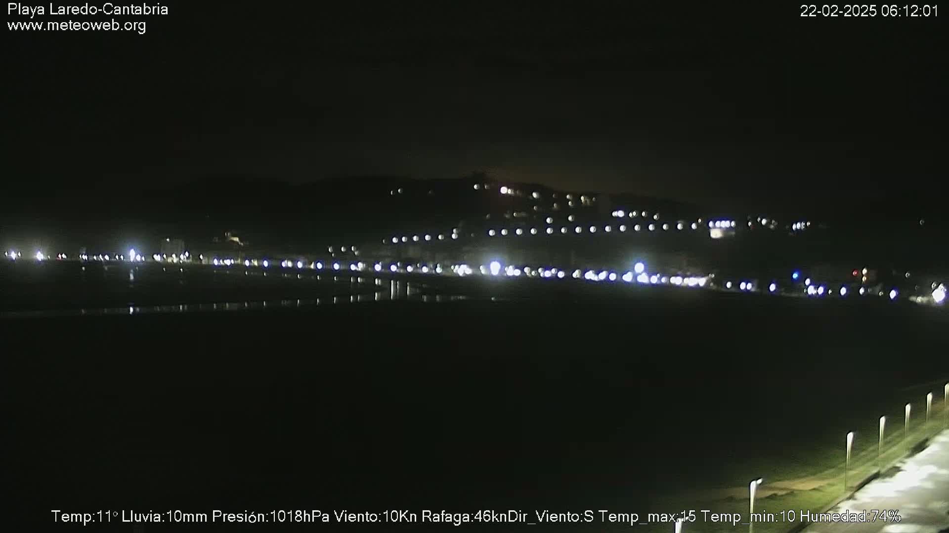 A nighttime view of a coastal town with faint lights visible across a dark body of water, under rainy conditions.