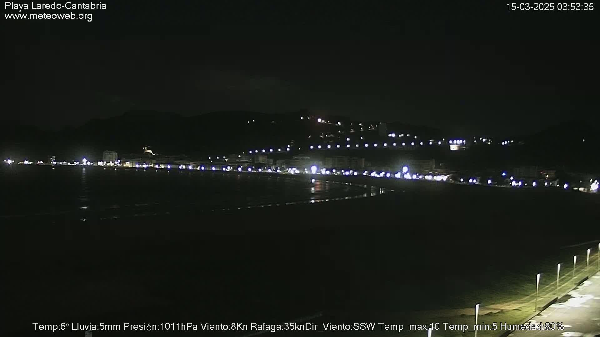 A nighttime view of a dark beach with a dimly lit town and hills in the background under a clear sky.