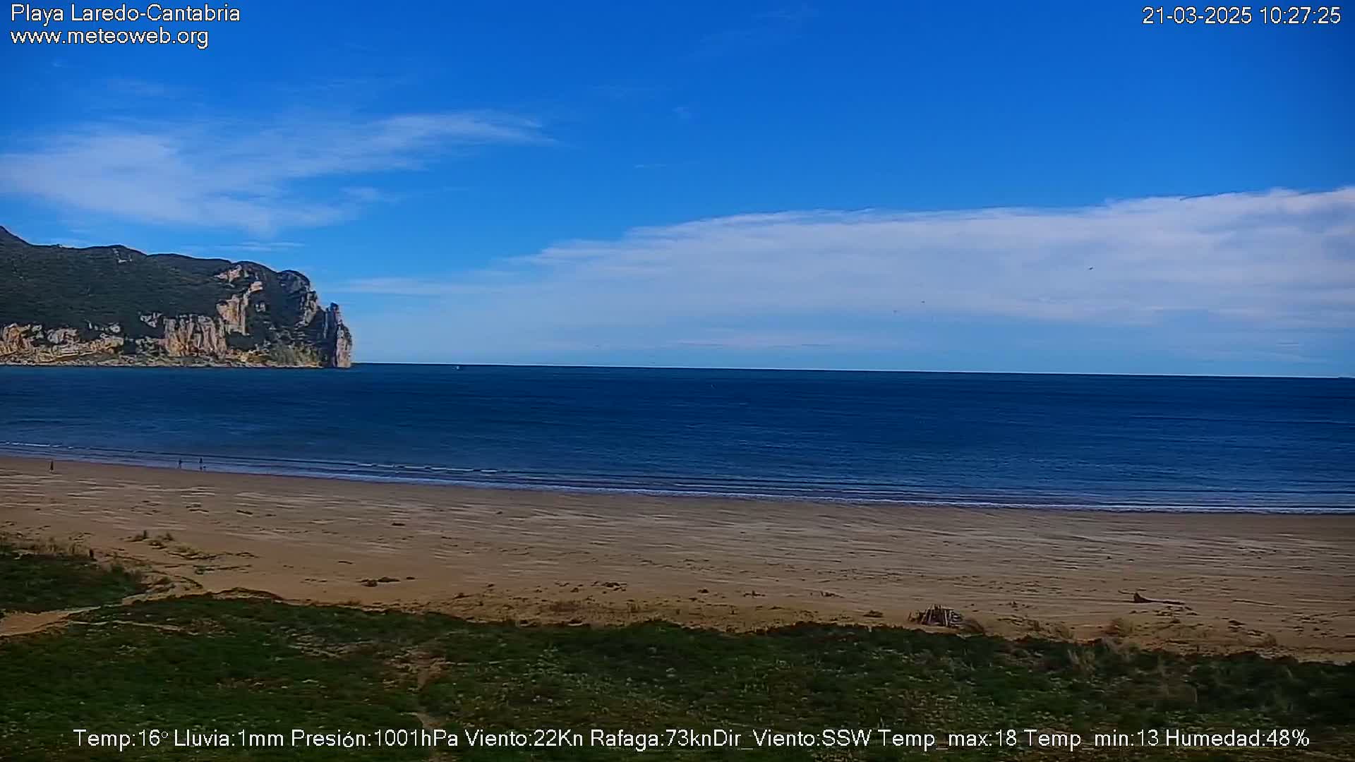 A mostly sunny day shows a sandy beach with calm ocean waves and a rocky cliff in the distance.