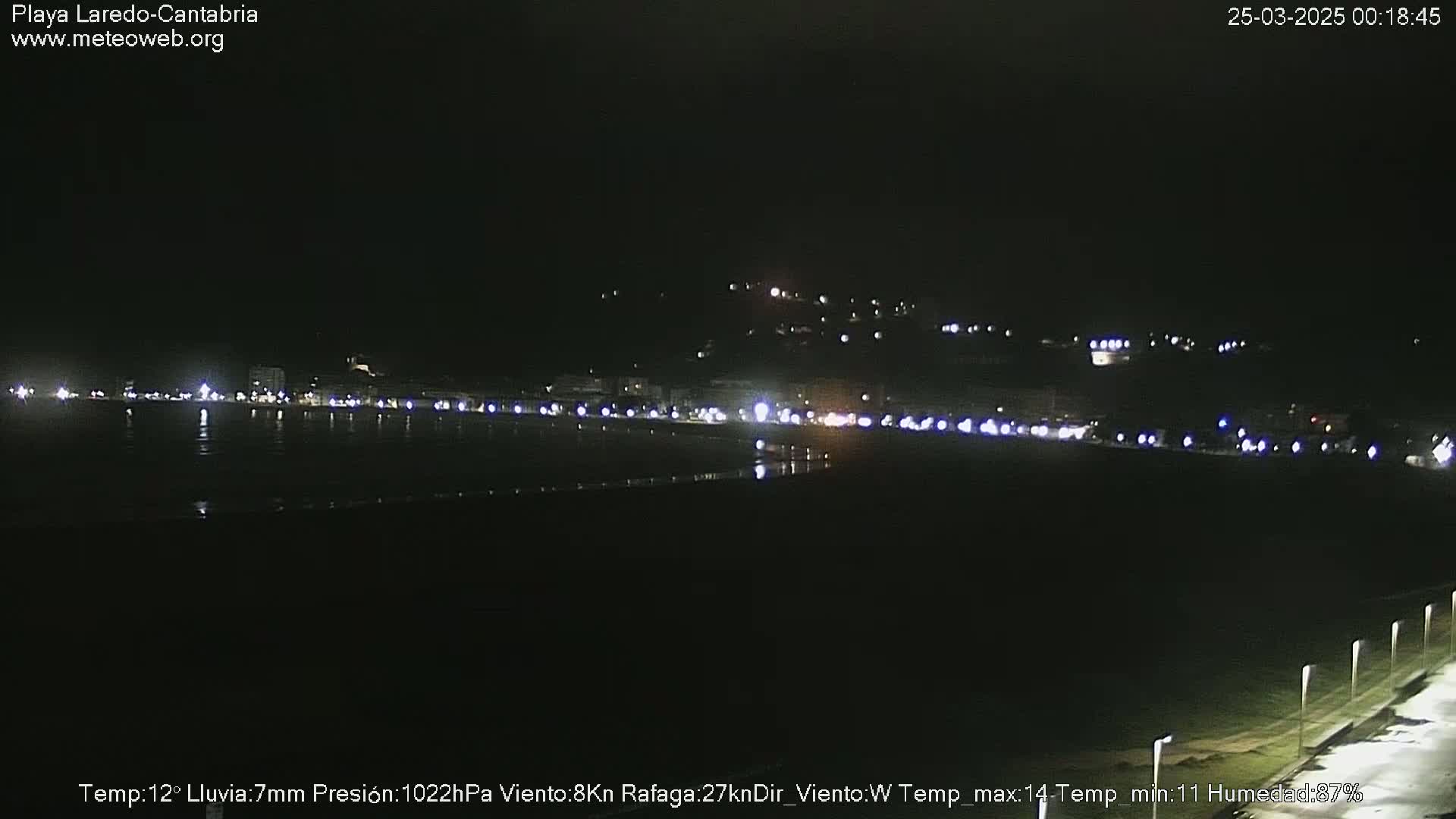 A nighttime view of a dimly lit coastal town beside a dark body of water under a clear sky.