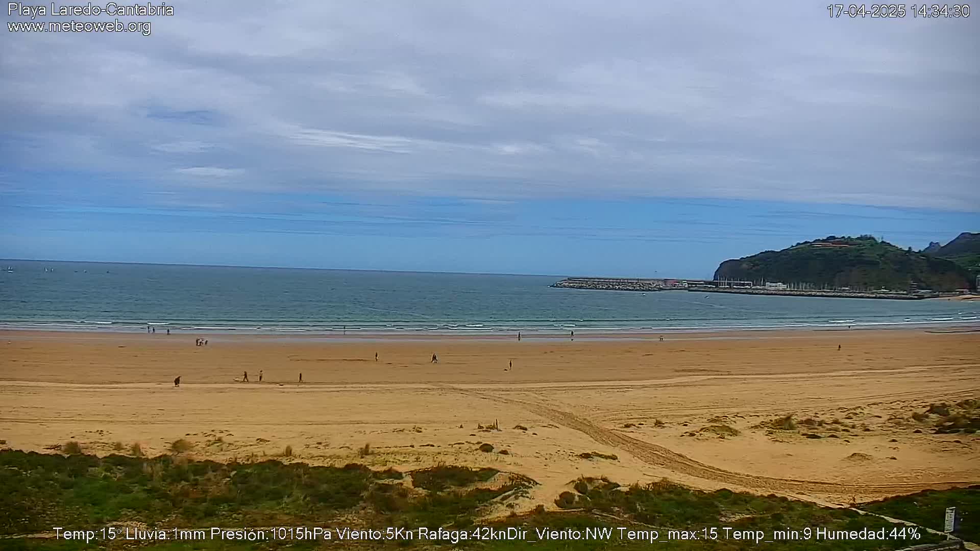 A sandy beach with a few people on it stretches out to a calm ocean under a partly cloudy sky.