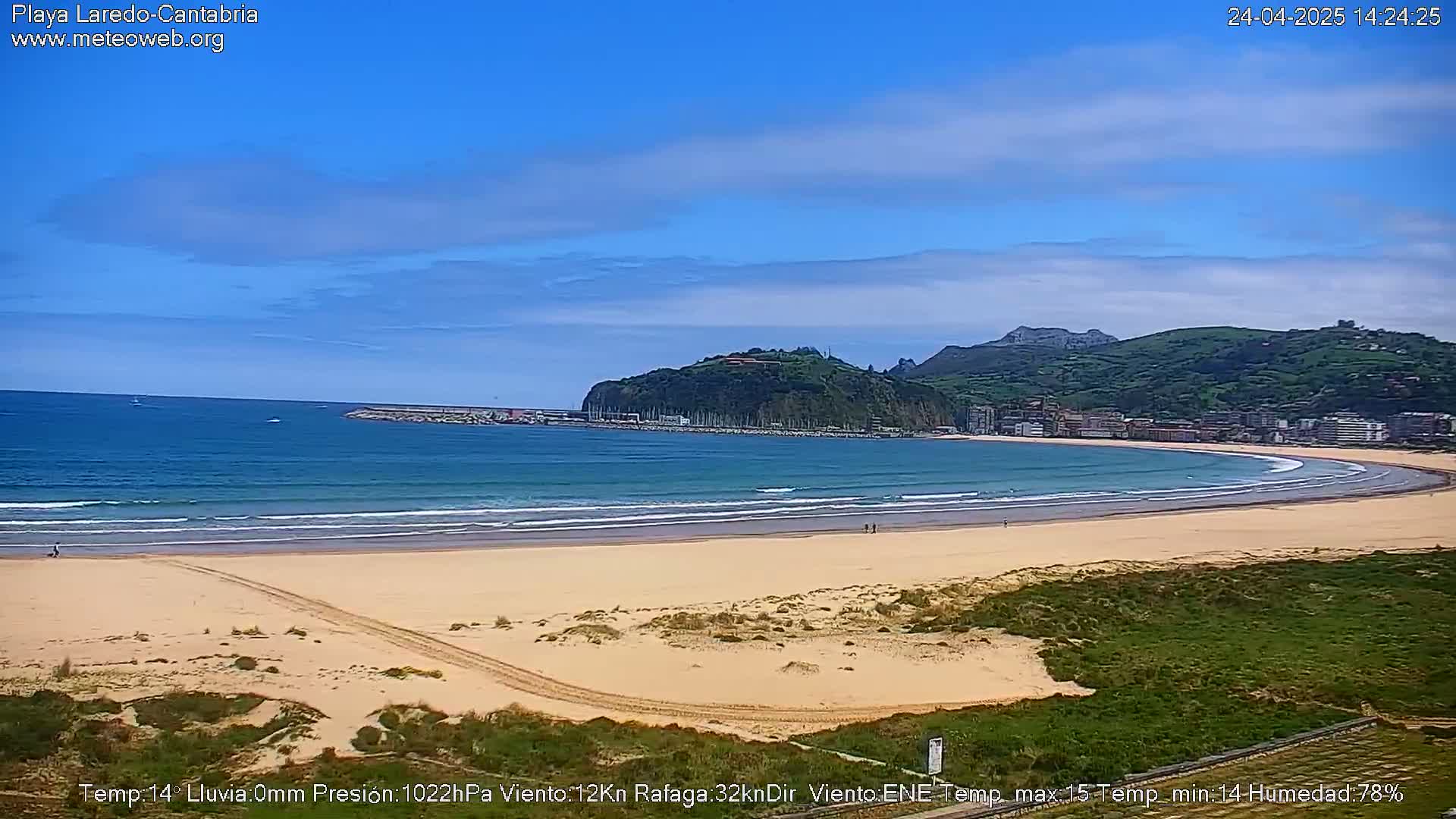 A sandy beach curves along a bay under a mostly clear blue sky, with gentle waves lapping the shore and a town nestled against a green hillside in the background.