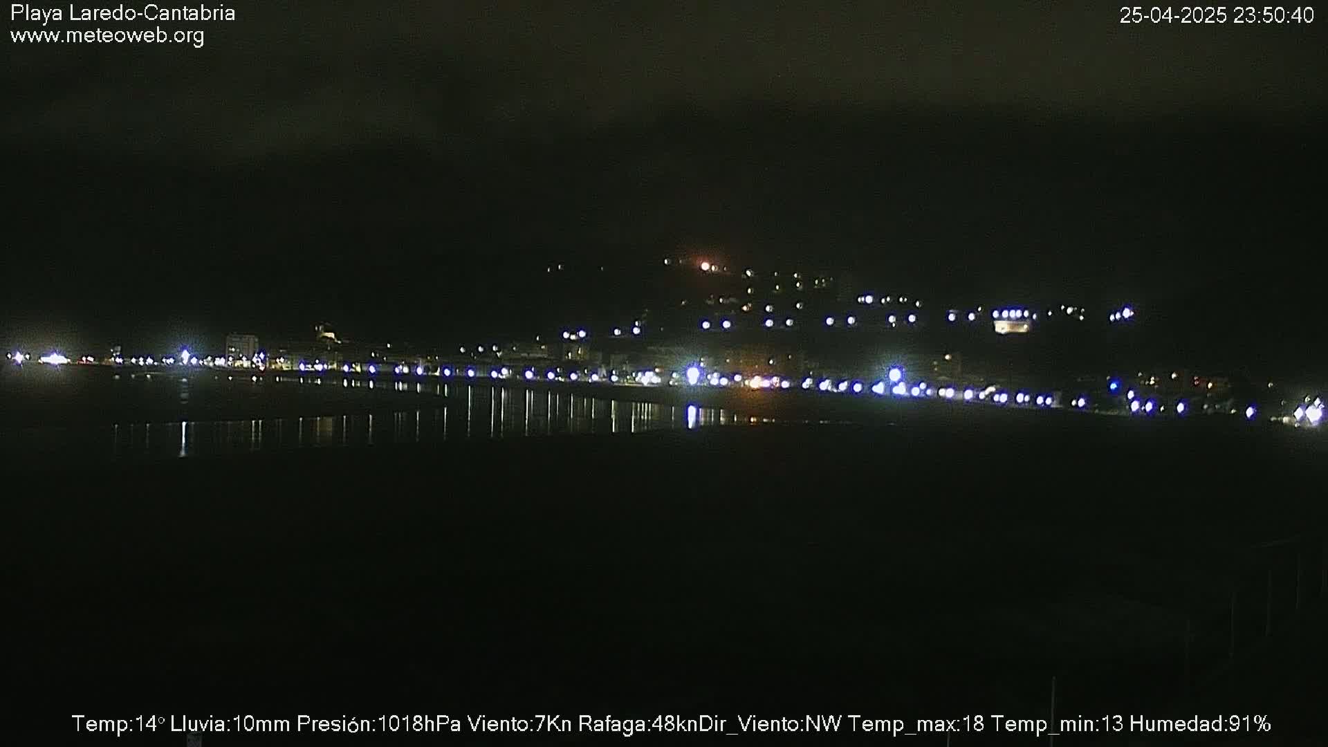 A nighttime view of a city's lights along a dark, calm body of water under a cloudy sky with light rain.