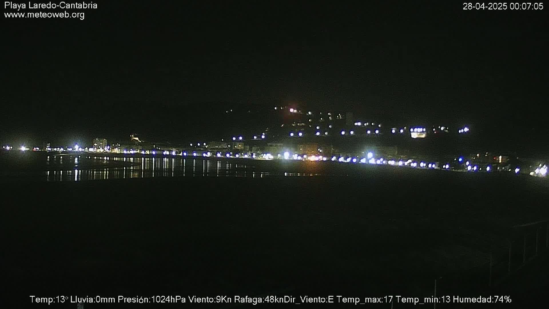 A nighttime view of a coastal town's lights reflected on calm water under a dark sky with no rain.
