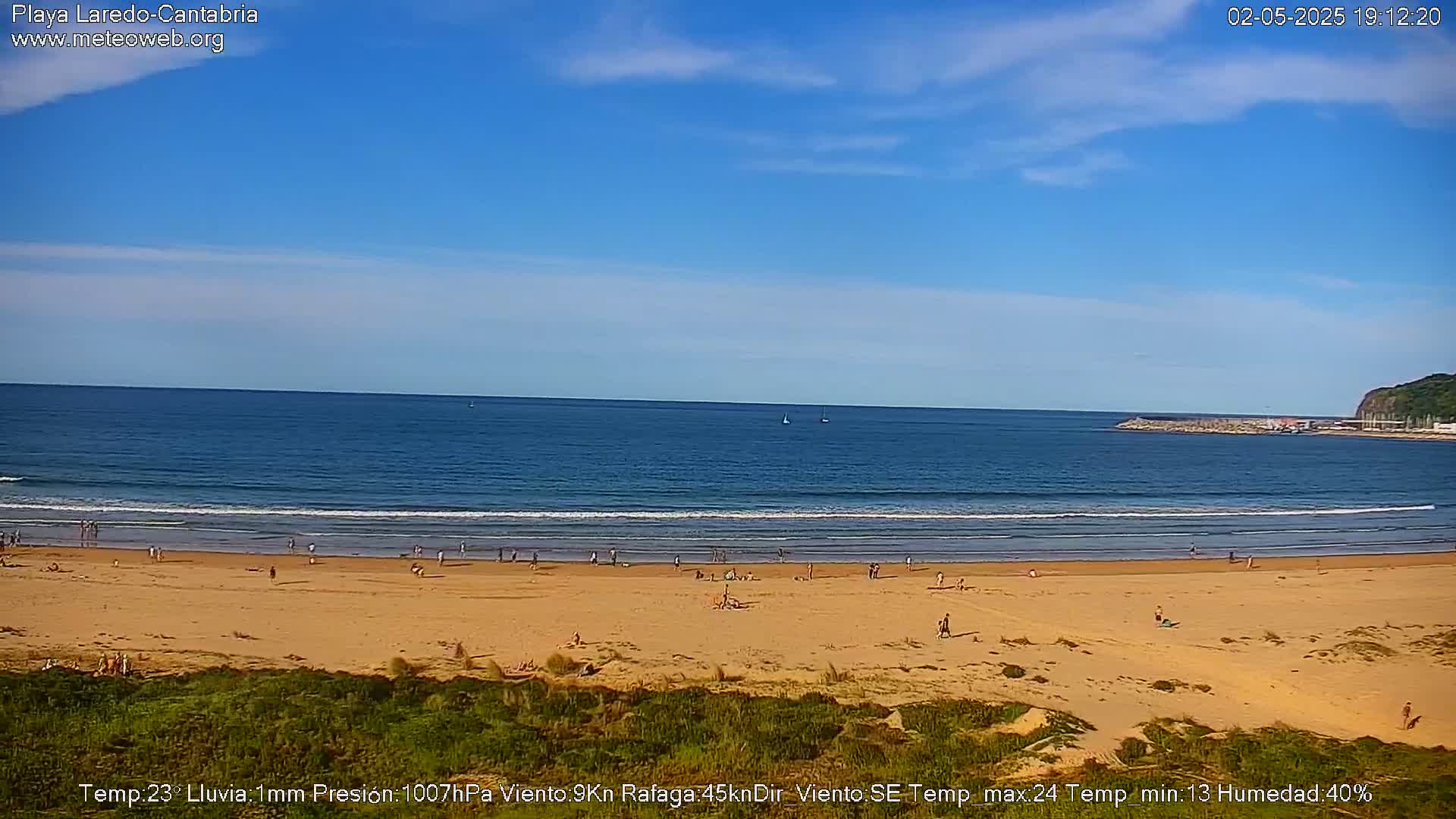 A sandy beach with scattered people is visible under a clear blue sky, with a calm ocean in the background.
