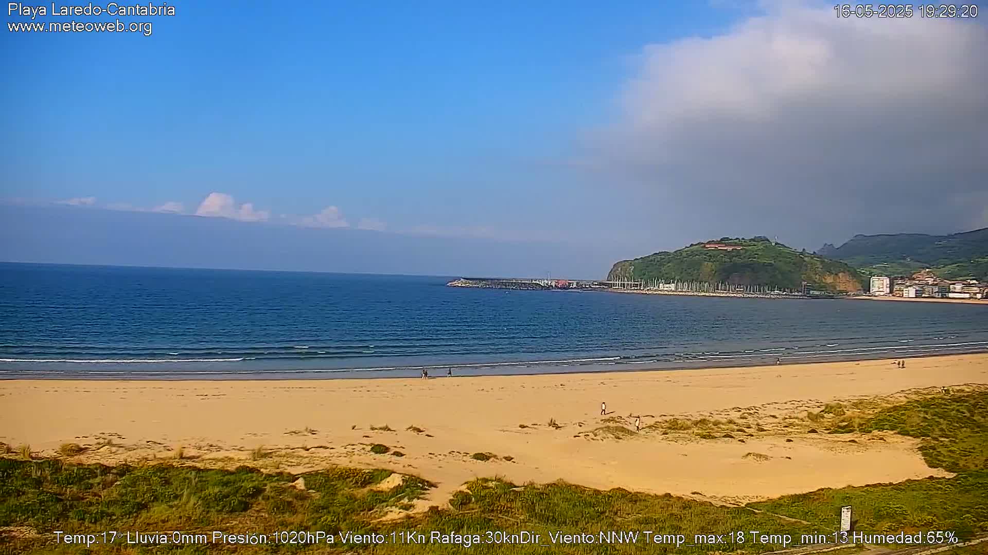 A sandy beach with a few people on it stretches along a calm, blue ocean under a mostly clear sky with some clouds.