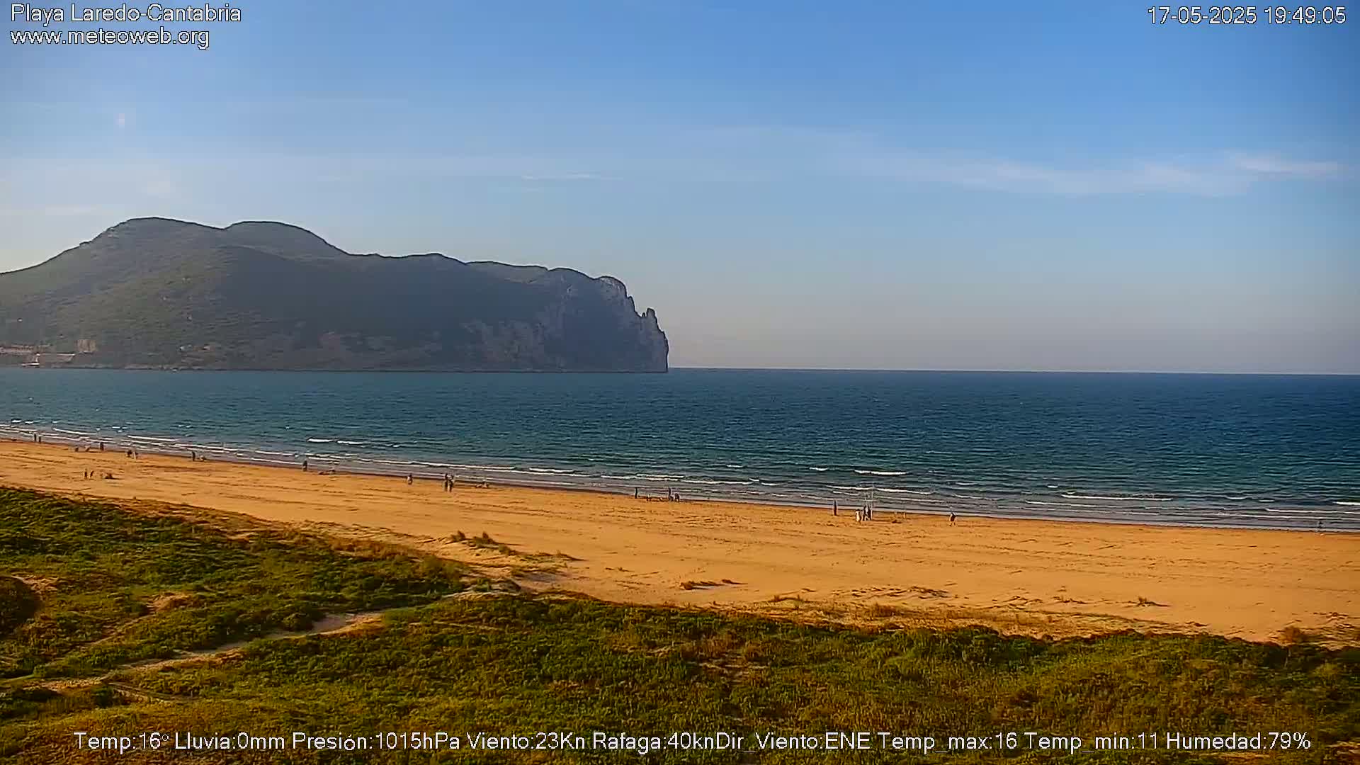 A sandy beach with a few people on it stretches along a calm ocean, under a clear sky, with a large dark mountain visible in the distance.