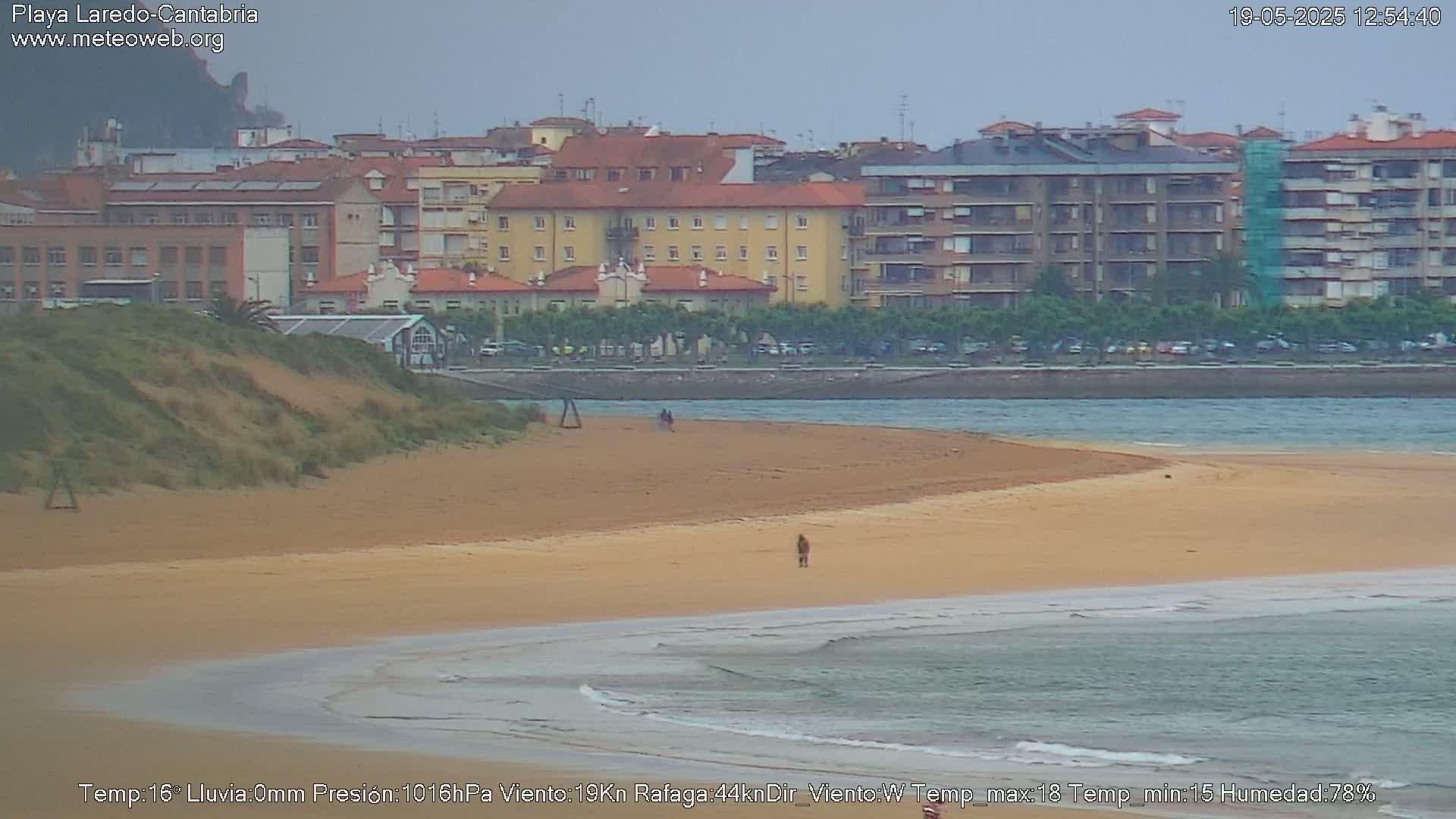 A sandy beach with calm waves laps the shore, under an overcast sky, with a town in the background.