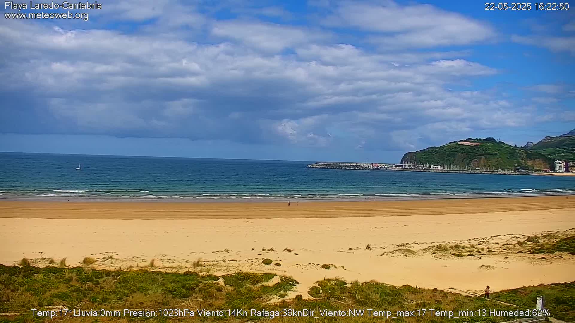 A sandy beach stretches to a calm ocean under a partly cloudy sky.