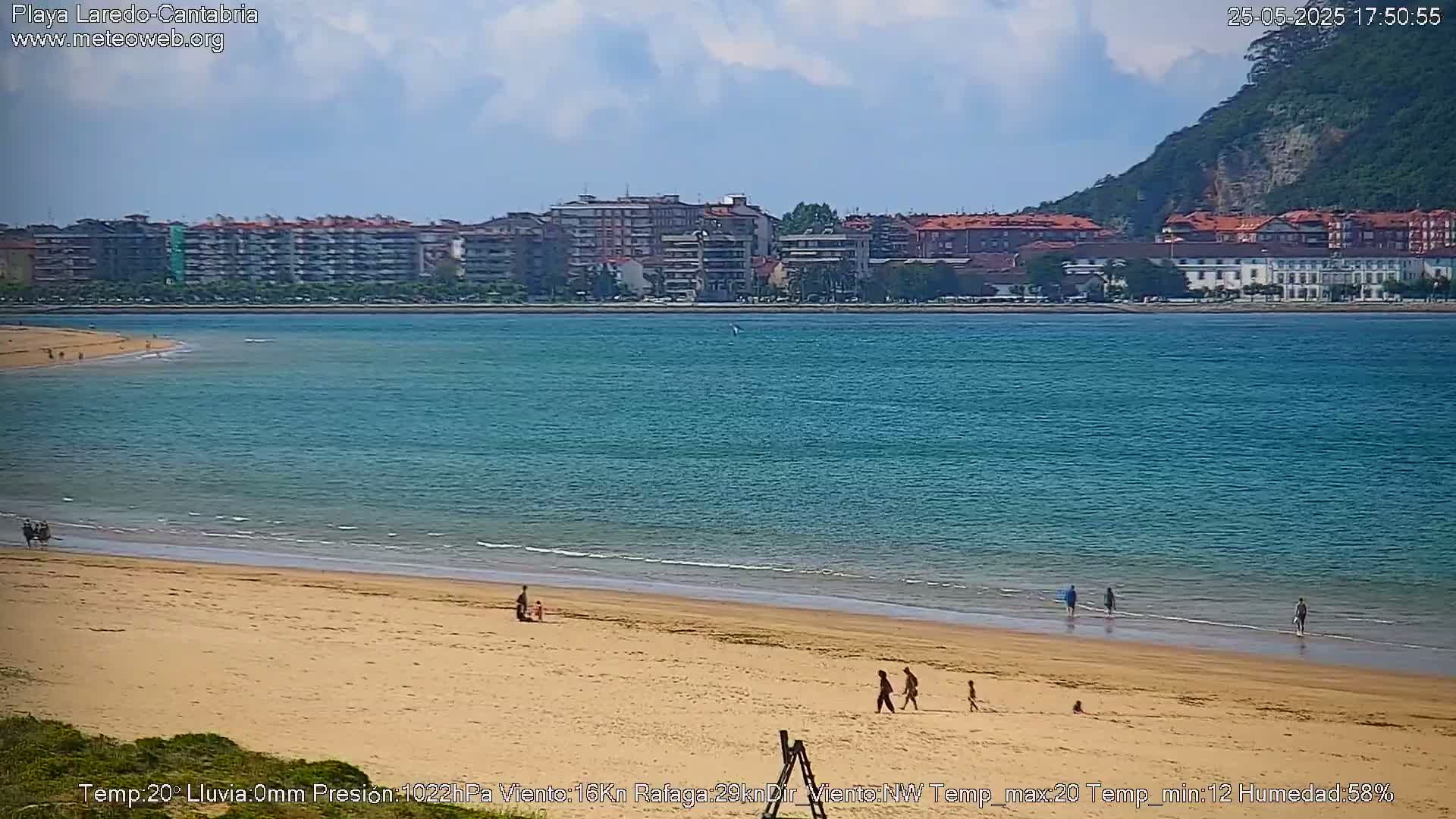 A sandy beach with people walking and swimming in calm, turquoise water, backed by buildings and a hill under a partly cloudy sky.