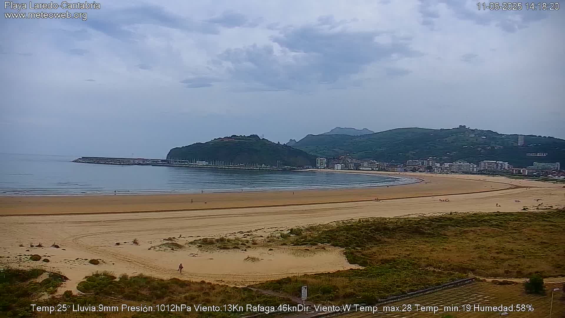 A long sandy beach curves around a calm bay under a mostly cloudy sky, with green hills and a town in the background.