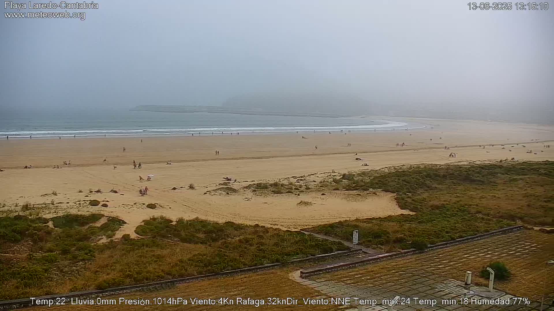 A hazy, overcast day at a wide, sandy beach with a few people scattered across it and a calm ocean in the background.