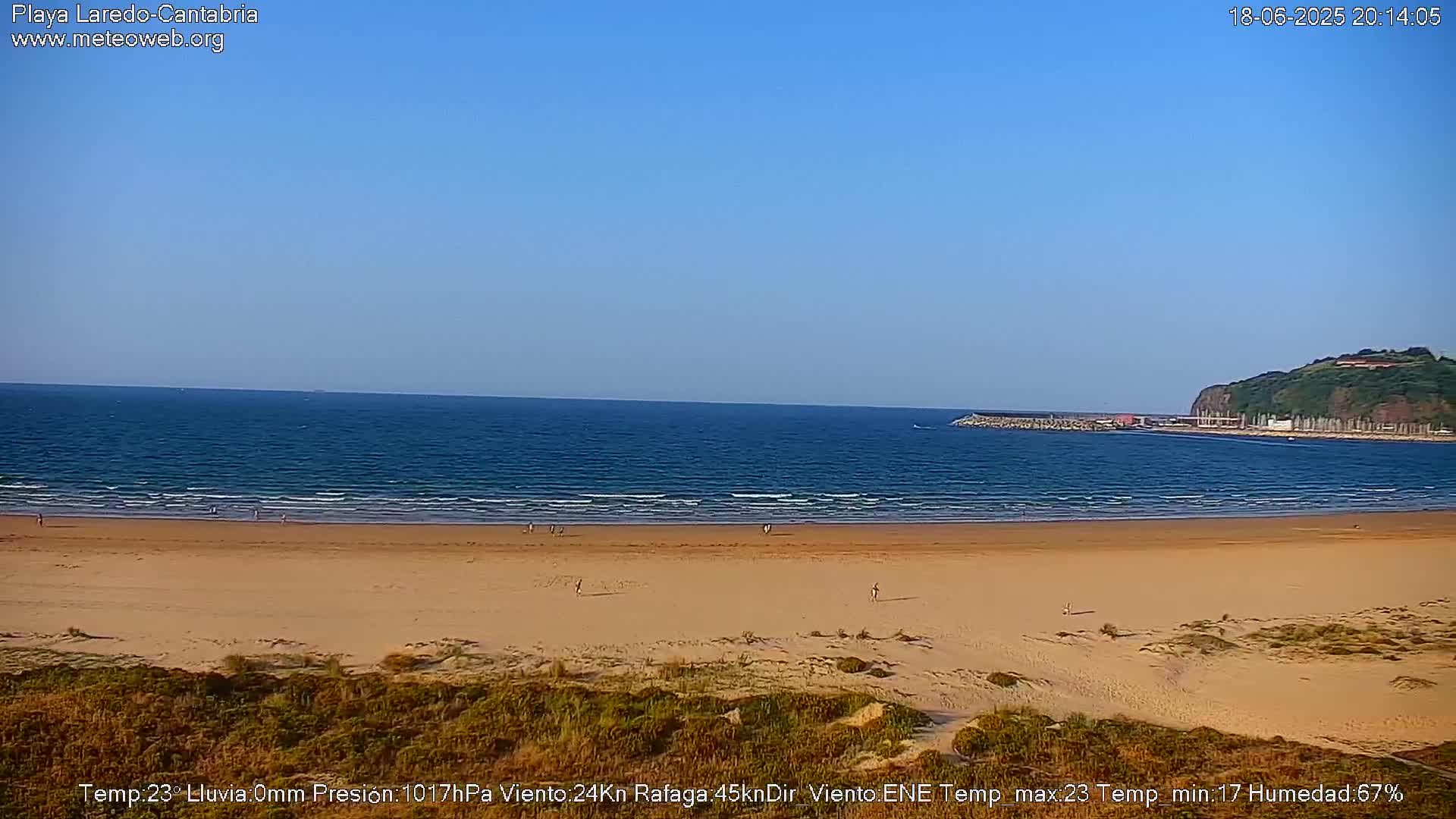 A sandy beach stretches to a calm blue ocean under a clear blue sky.
