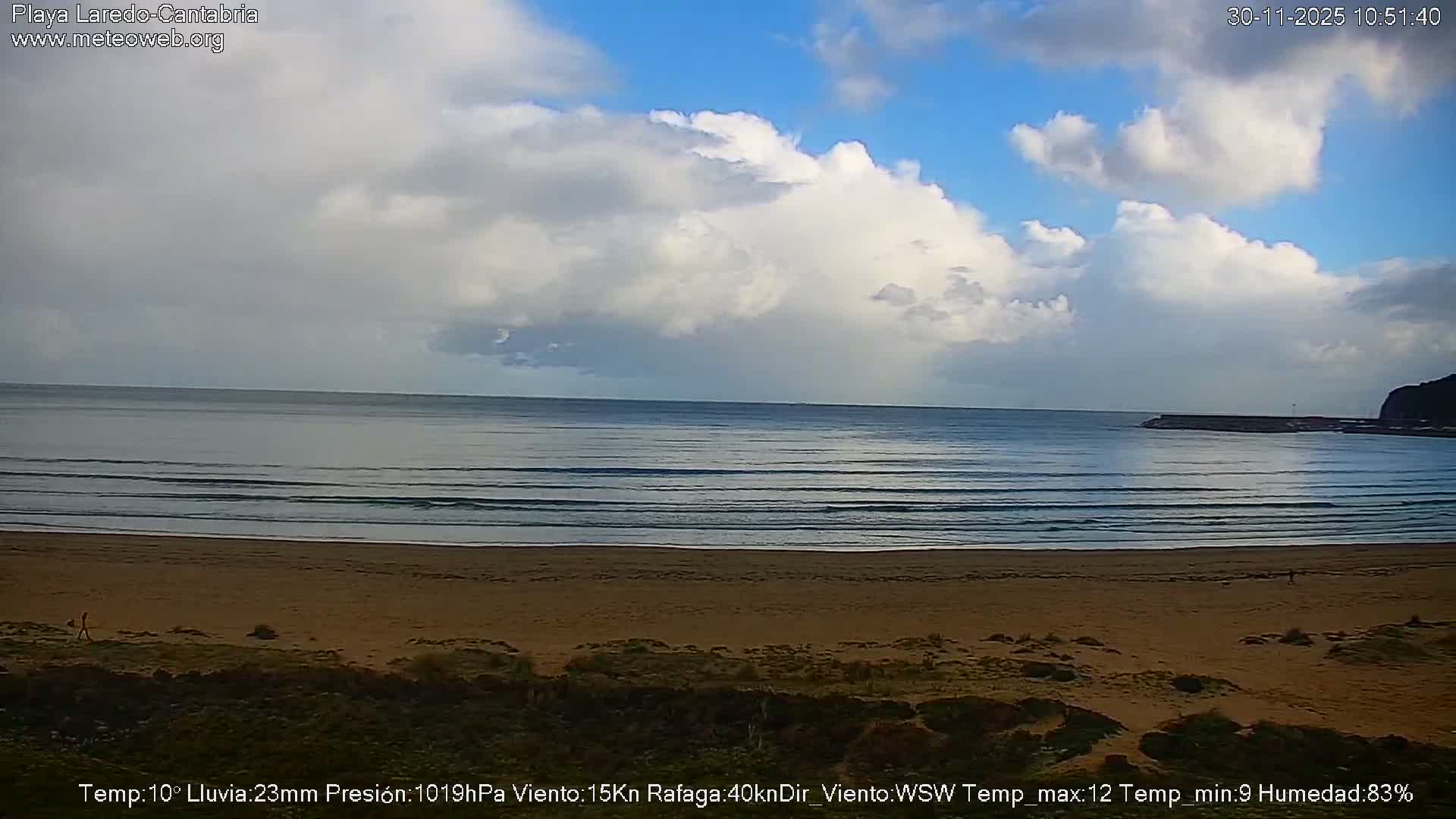 A wide shot reveals a sandy beach with gentle waves meeting a vast ocean under a partly cloudy sky with prominent grey clouds and patches of blue, stretching towards a distant headland and port on the right.
