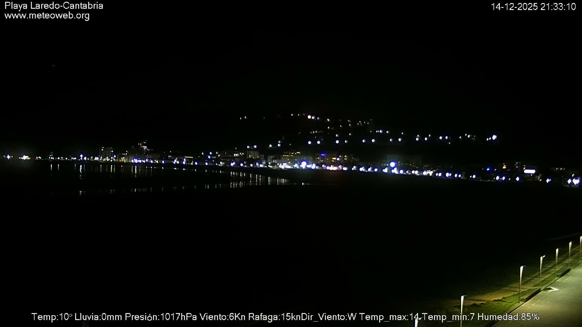 A wide shot reveals a sandy beach with gentle waves meeting a vast ocean under a partly cloudy sky with prominent grey clouds and patches of blue, stretching towards a distant headland and port on the right.