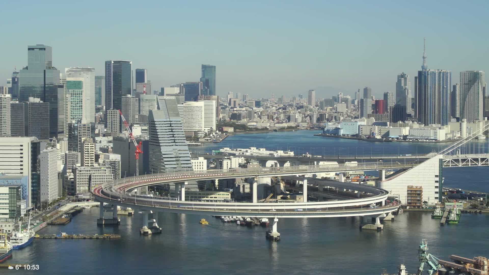Tokyo City Center Skyline, Tokyo Bay & Rainbow Bridge Kaigan Entrance (東京の街並み、東京湾、レインボーブリッジ)  Live Cam - 5 Chome, Konan, Minato-ku, Tokyo, Kantō, Honshu, Japan